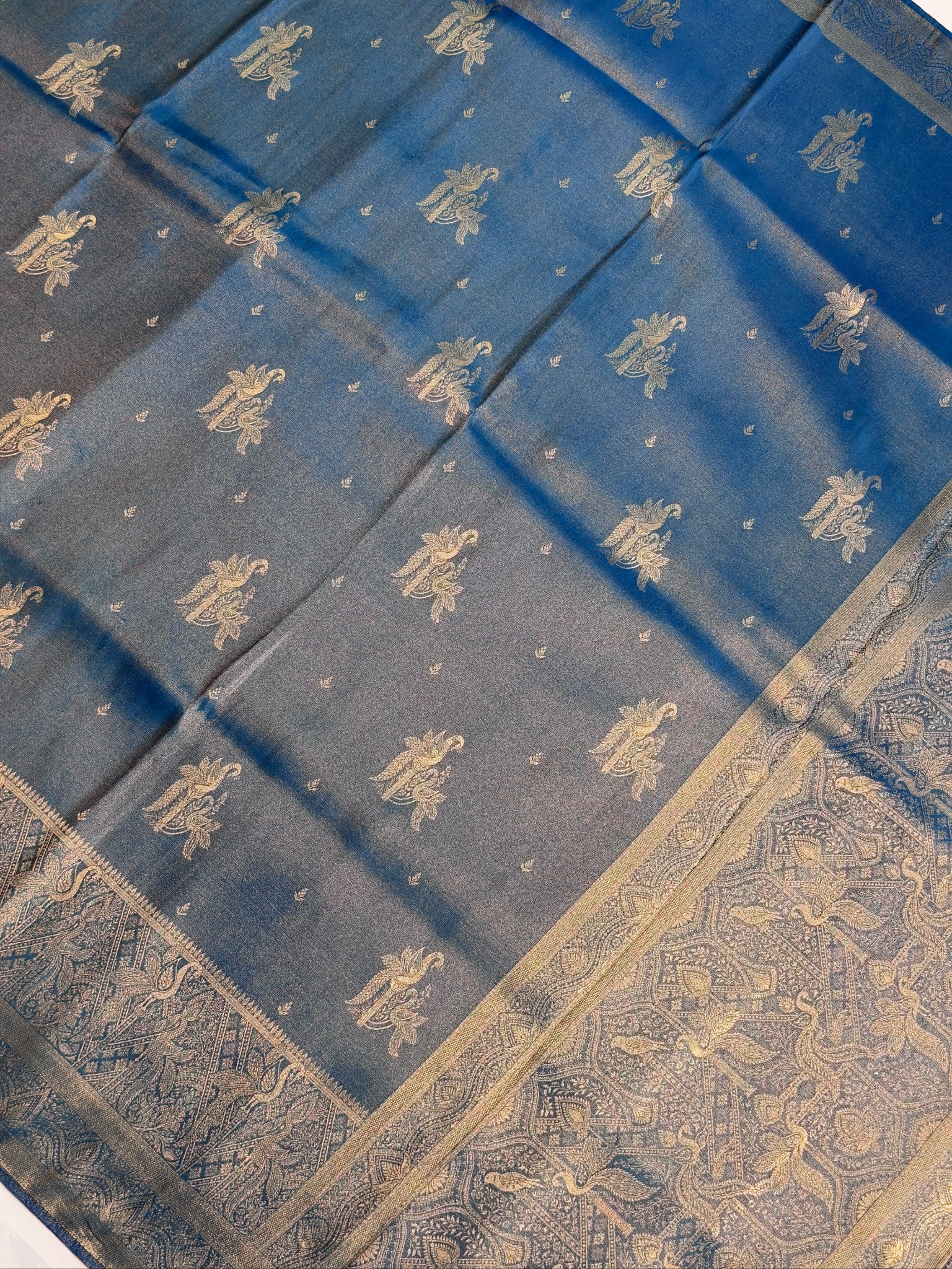 UTSAV BANARAS 441: Royal Peacock Blue Mashru Silk Saree with Antique Gold Zari Woven Border