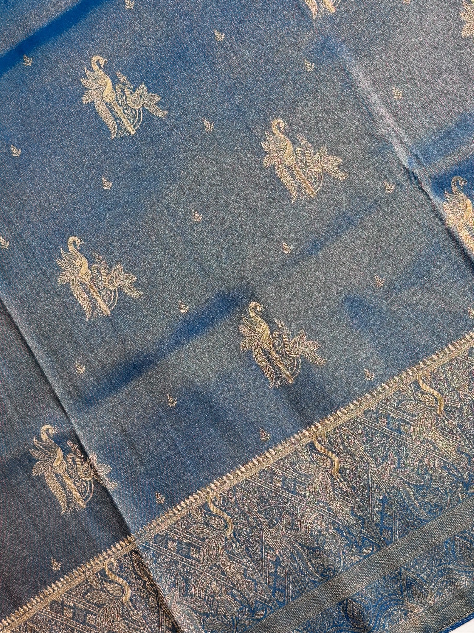 UTSAV BANARAS 441: Royal Peacock Blue Mashru Silk Saree with Antique Gold Zari Woven Border
