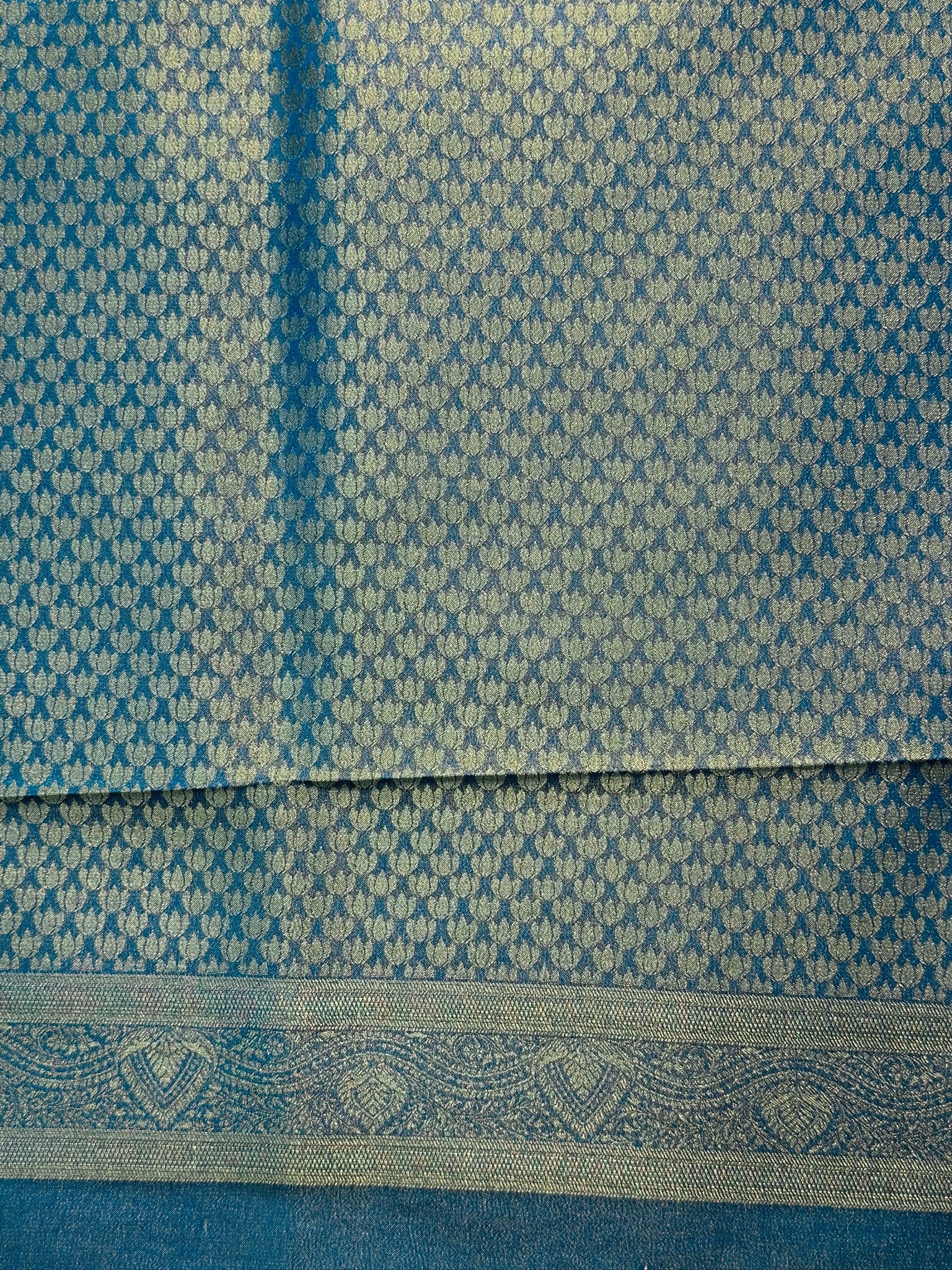 UTSAV BANARAS 441: Royal Peacock Blue Mashru Silk Saree with Antique Gold Zari Woven Border