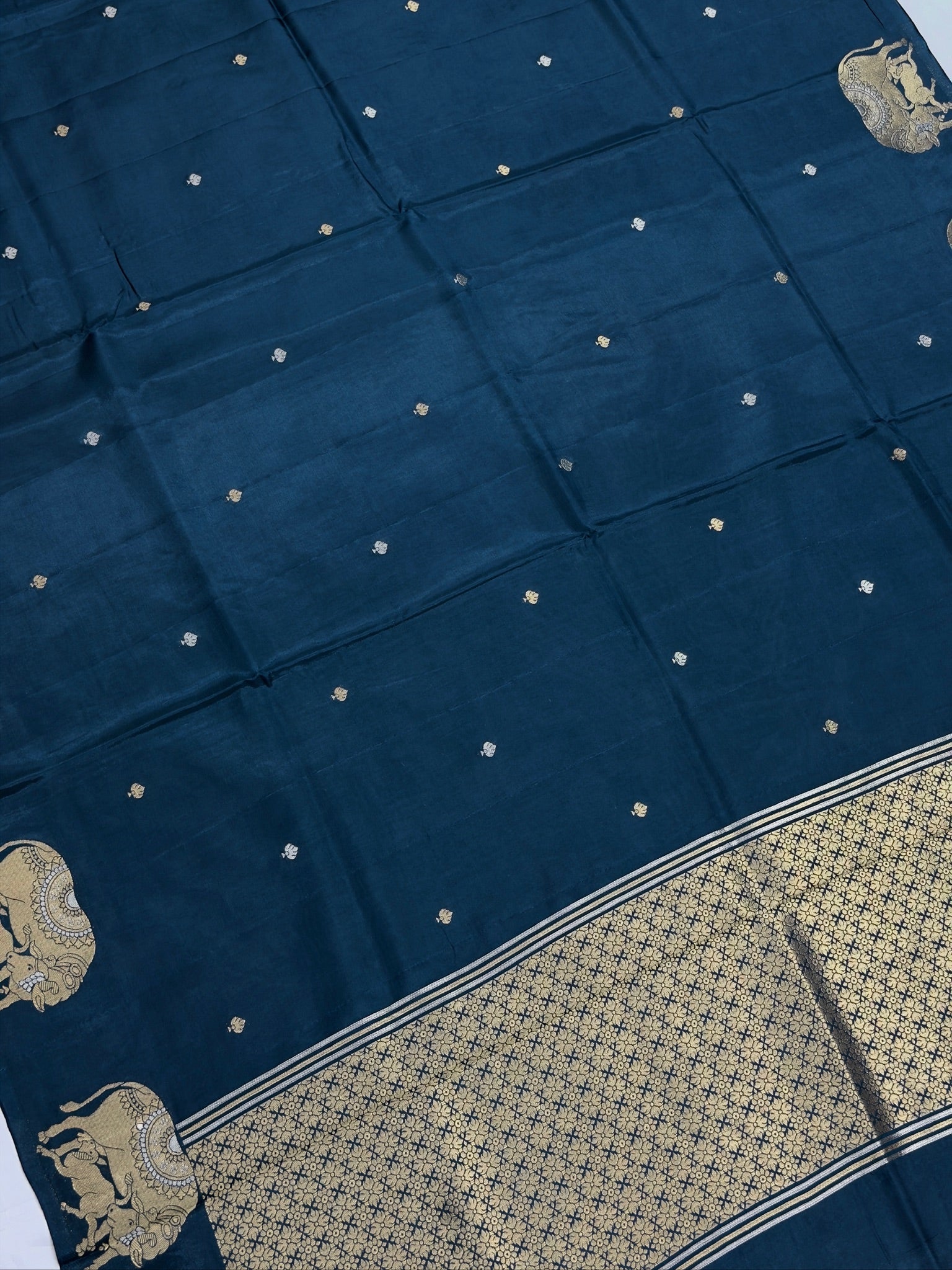 UTSAV BANARAS 431: Royal Steel Blue Mulberry Silk Saree with Gold Zari Elephant Motifs & Banarasi Border