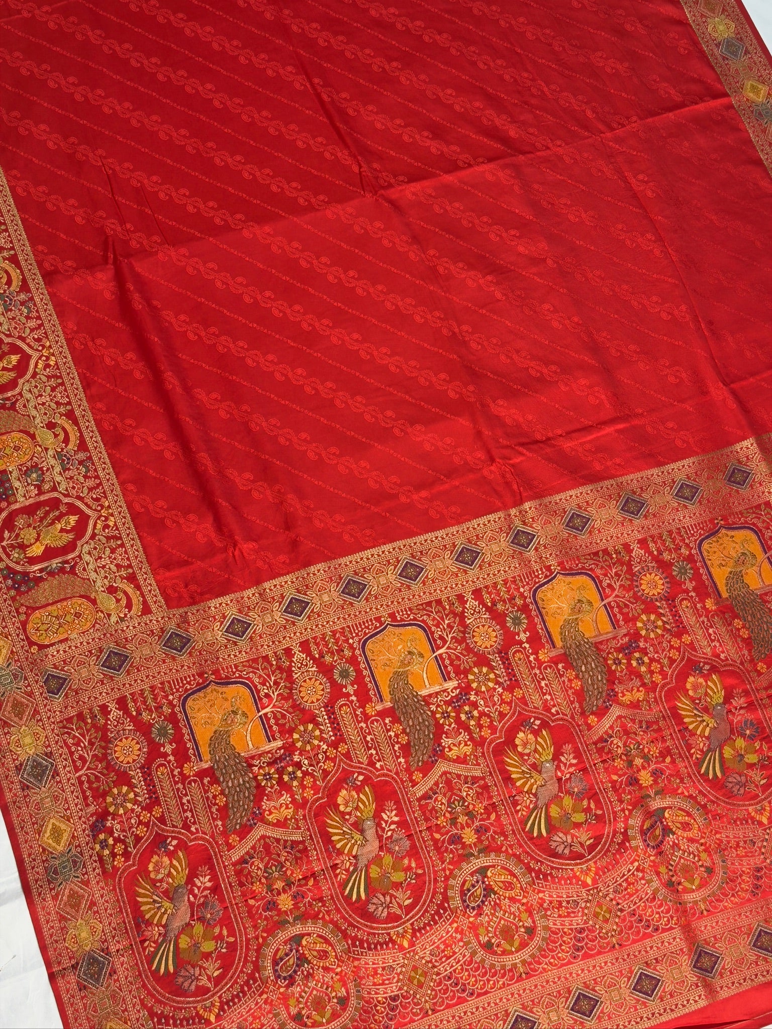 UTSAV BANARAS 417: Sunhara Red Satin Tanchoi Silk Saree with Meenakari Floral Peacock Border