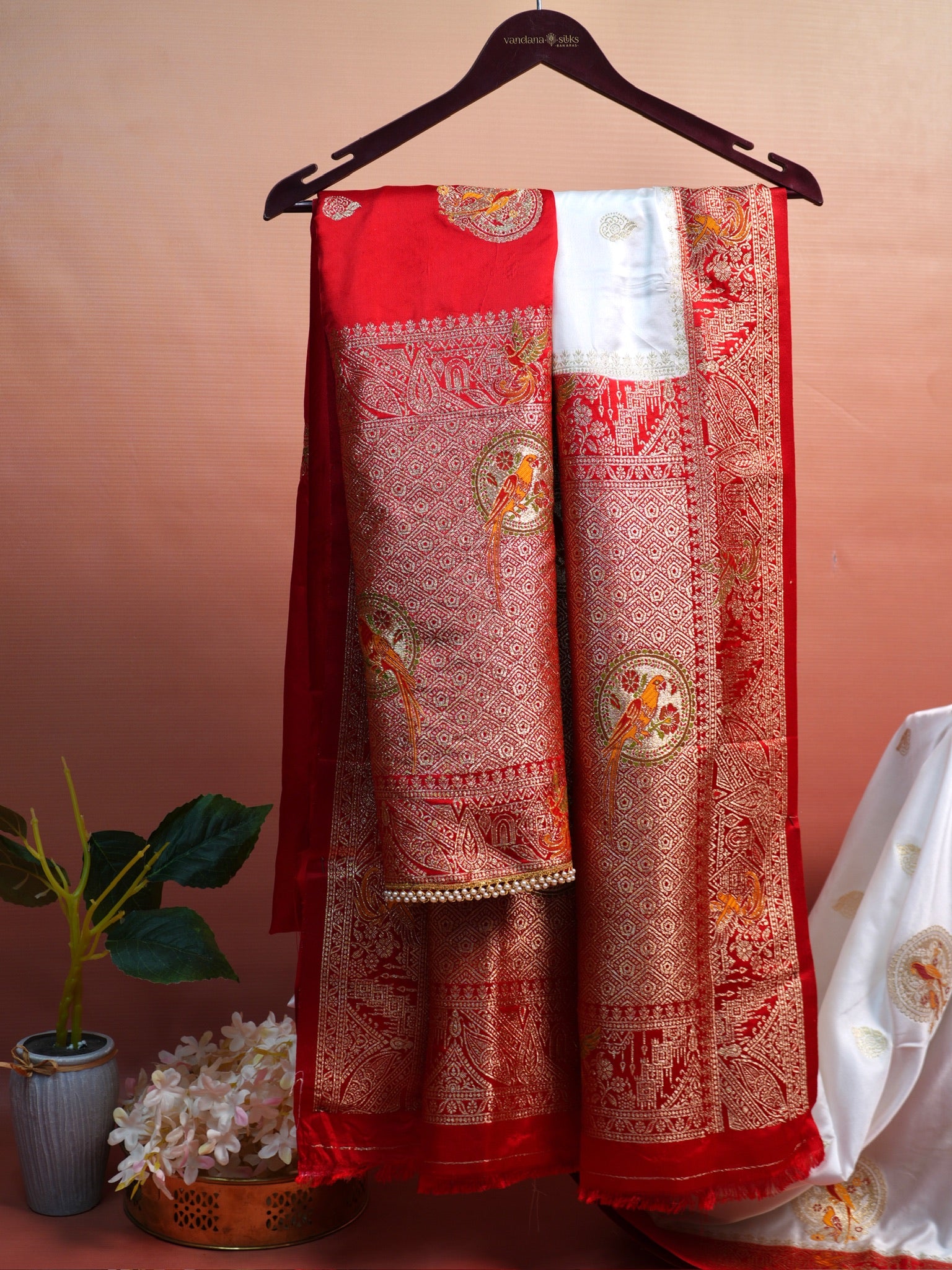 UTSAV BANARAS 421: Creamy White Satin Mashru Valkalam Saree with Meenakari Floral Border & Matching Dupatta