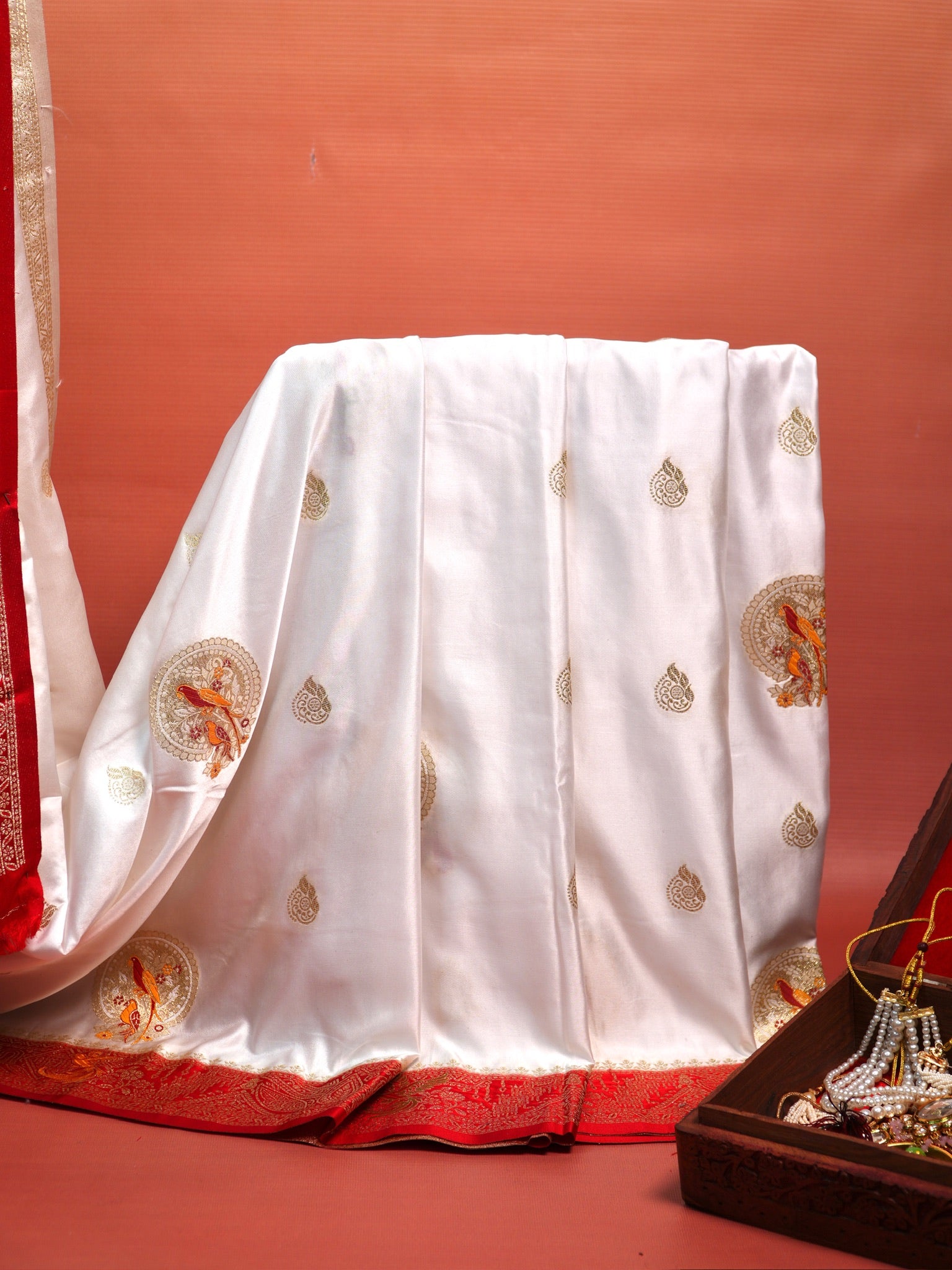 UTSAV BANARAS 421: Creamy White Satin Mashru Valkalam Saree with Meenakari Floral Border & Matching Dupatta