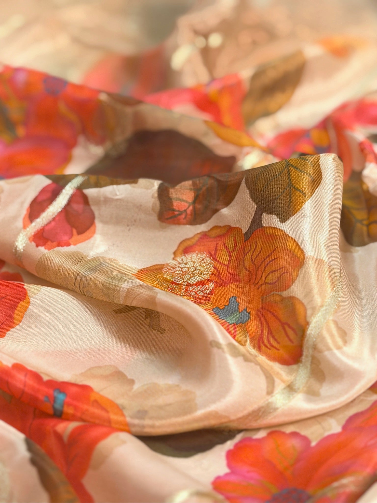 UTSAV BANARAS 491: Camel Malai Silk Saree with Digital Floral Print, Zari Stripe Design & Floral Zari Border