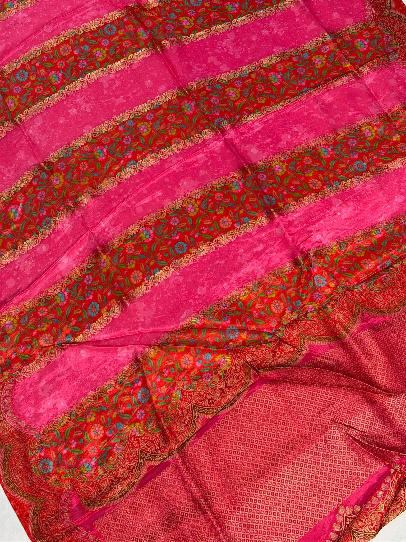 UTSAV BANARAS 493: Malai Silk Digital Print Saree with Zari Vertical Design & Scallop Border
