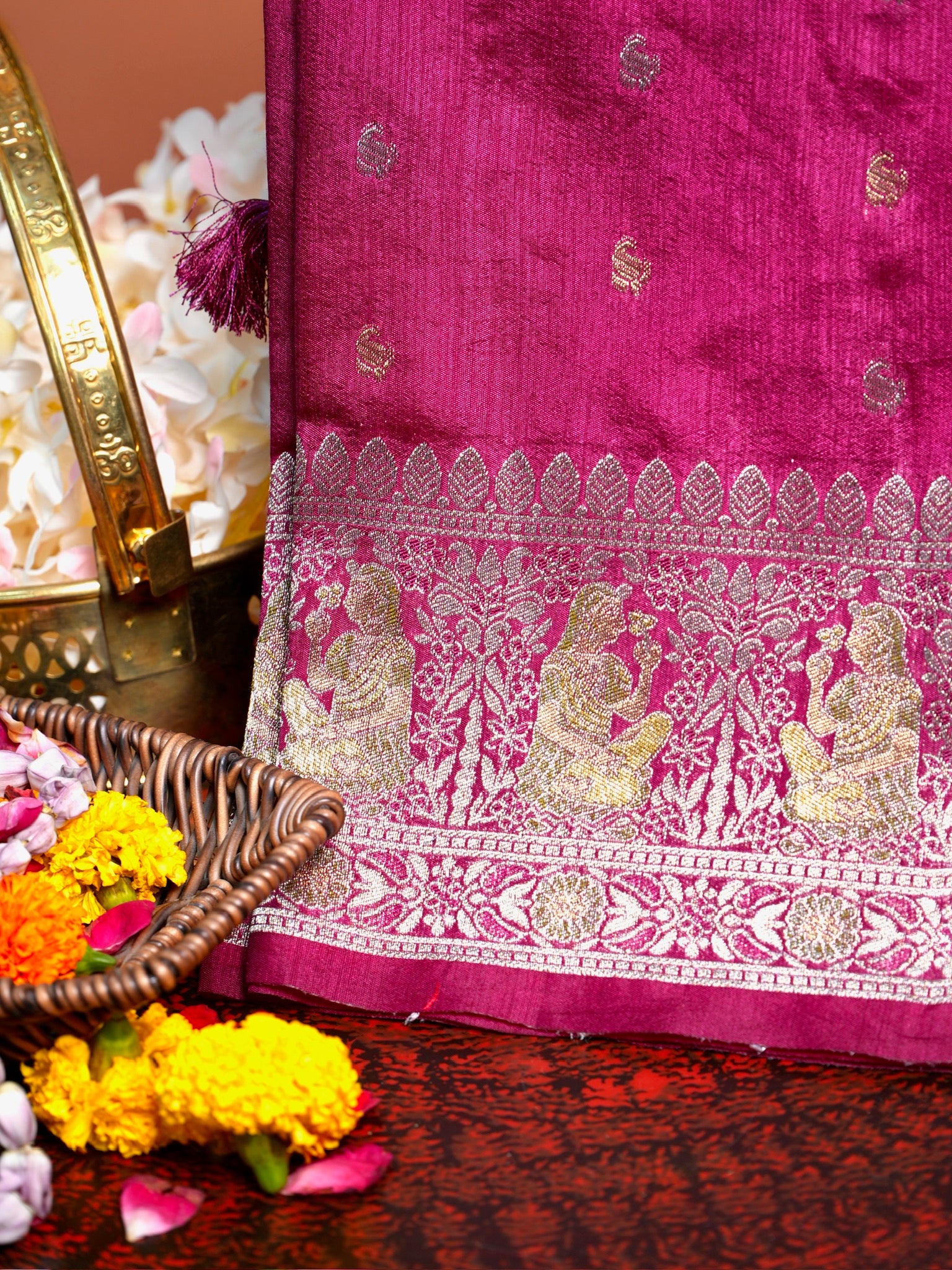 UTSAV BANARAS 415: Magenta Pink Mashru Valkalam Silk Saree with Meenakari Floral Border & Heritage Zari Weaving