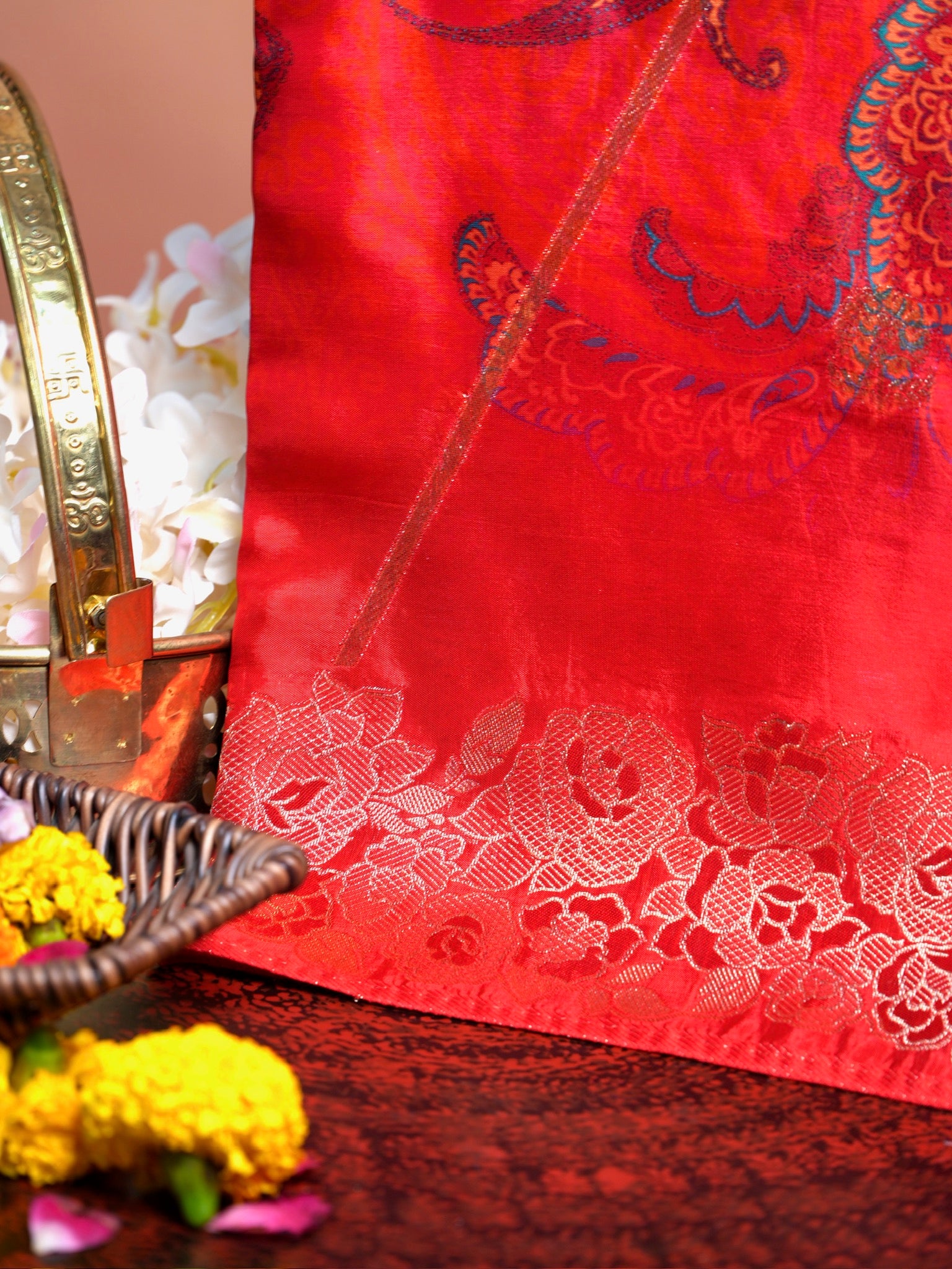 UTSAV BANARAS 488: Poppy Red Malai Silk Saree with Digital Print, Zari Stripe Design & Floral Zari Border