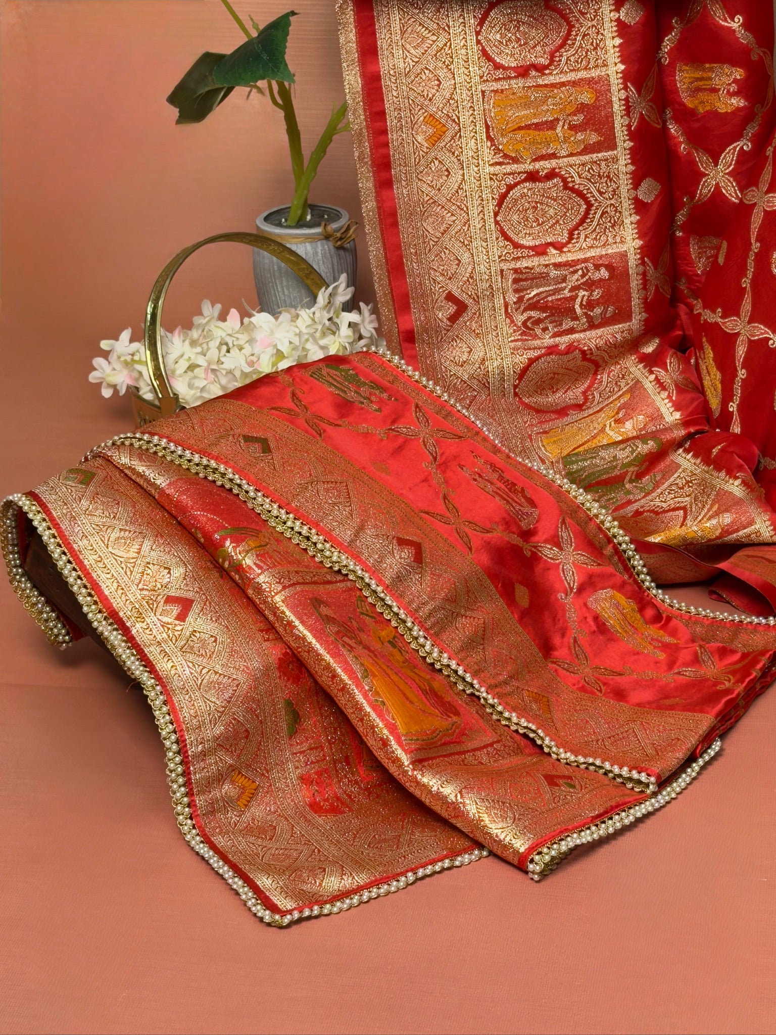 UTSAV BANARAS 420: Dulhan Red Satin Mashru Valkalam Saree with Meenakari Floral Border & Matching Dupatta