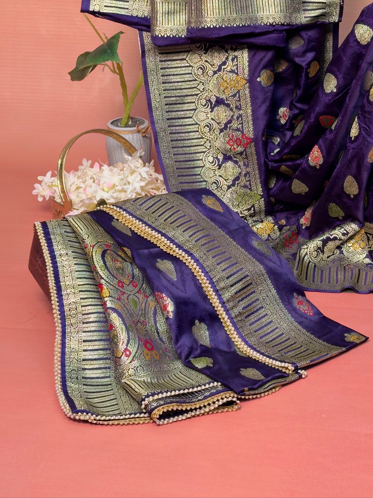 UTSAV BANARAS 419: Deep Violet Satin Mashru Silk Saree with Resham Weaving, Meenakari Floral Border & Matching Dupatta