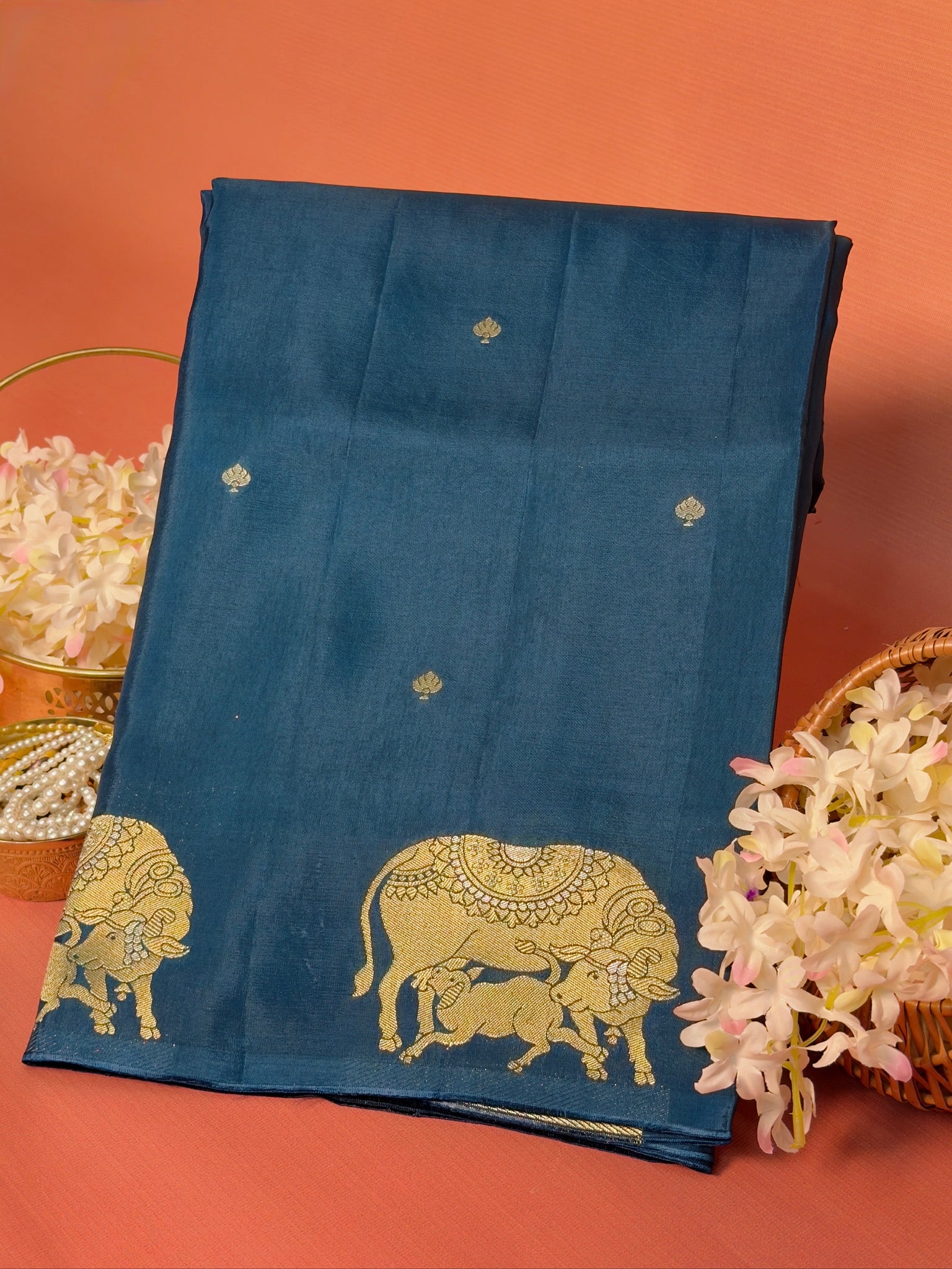 UTSAV BANARAS 431: Royal Steel Blue Mulberry Silk Saree with Gold Zari Elephant Motifs & Banarasi Border