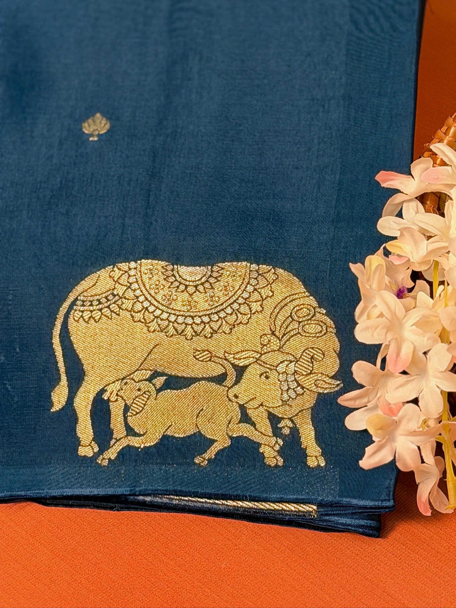 UTSAV BANARAS 431: Royal Steel Blue Mulberry Silk Saree with Gold Zari Elephant Motifs & Banarasi Border