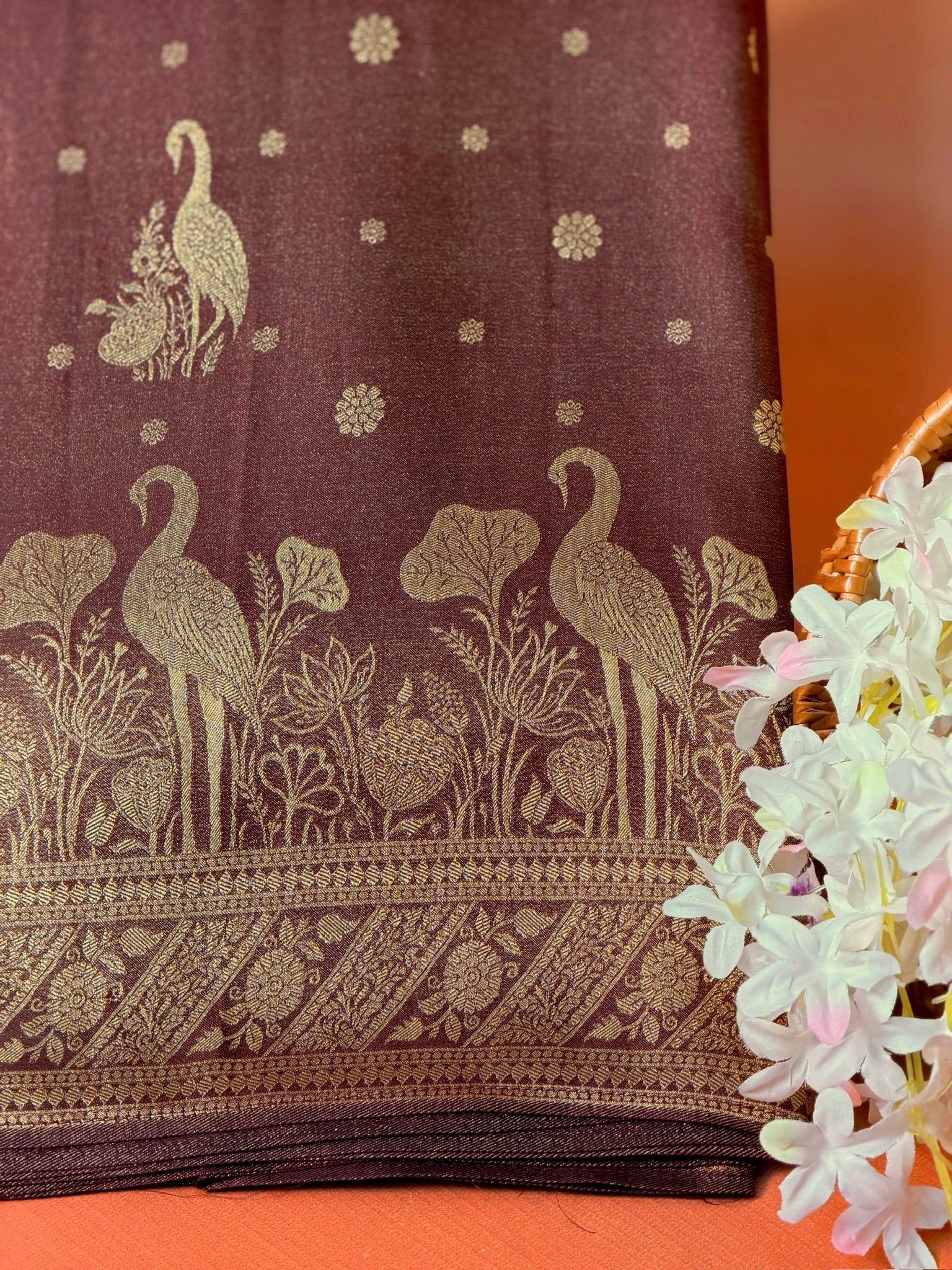 UTSAV BANARAS 443: Rich Brown Soft Tissue Silk Saree with Zari Floral & Peacock Border