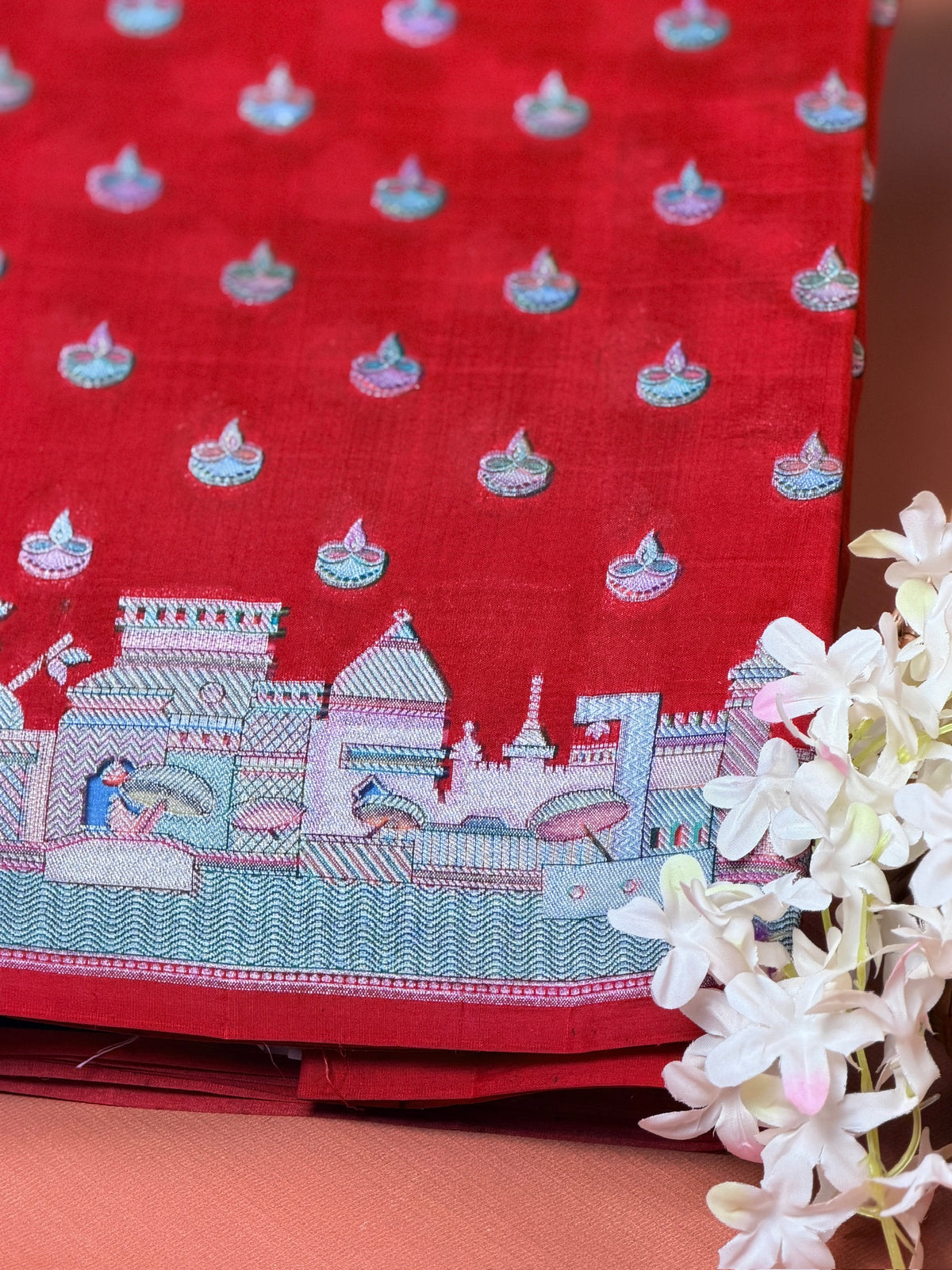 VIRASAT 428: Pure Silk Banarasi Saree with Heritage Ghat Border, Silver Zari Meenakari & Diya Buti