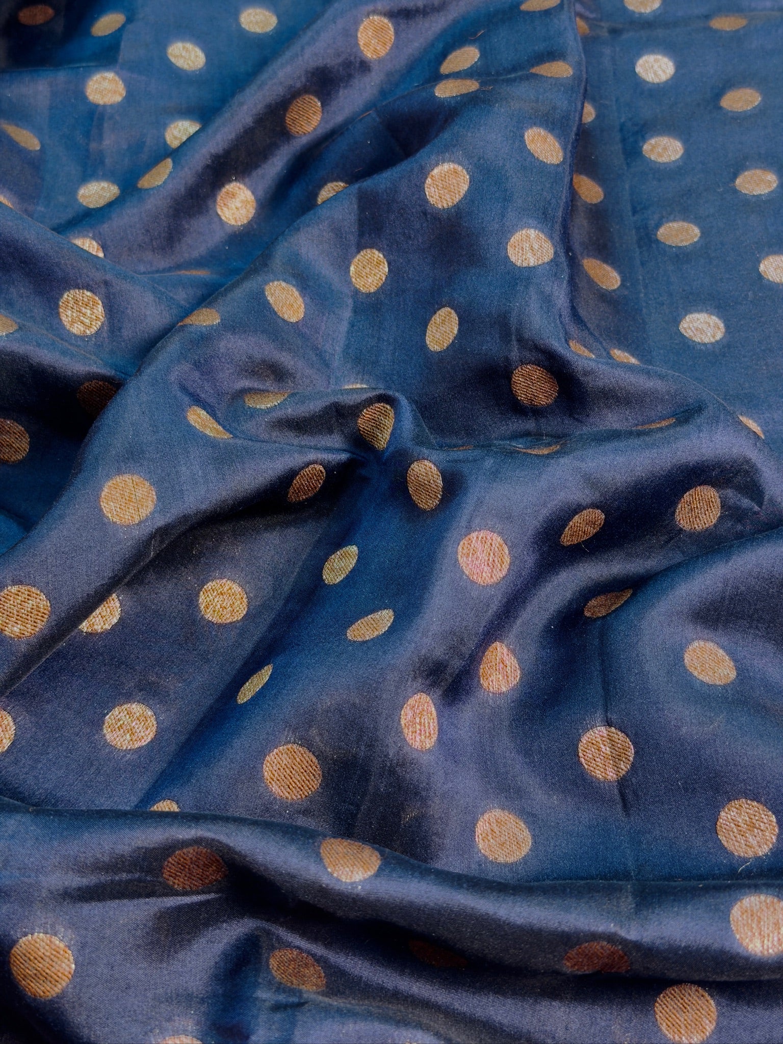 VIRASAT 436: Deep Ink Blue Pure Silk Banarasi Saree with Heritage Ghat Border, Antique Zari Meenakari & Polka Dot Weaving