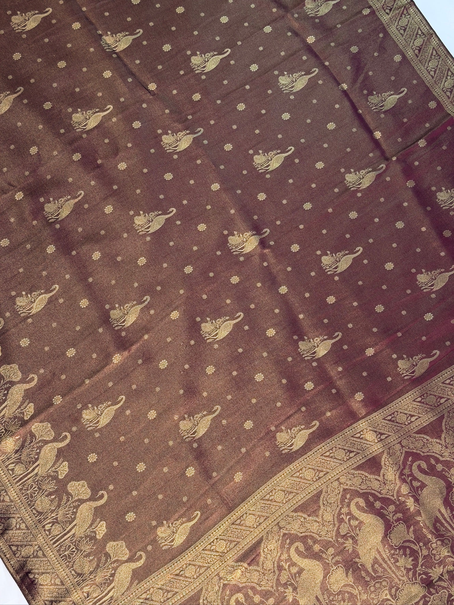 UTSAV BANARAS 443: Rich Brown Soft Tissue Silk Saree with Zari Floral & Peacock Border