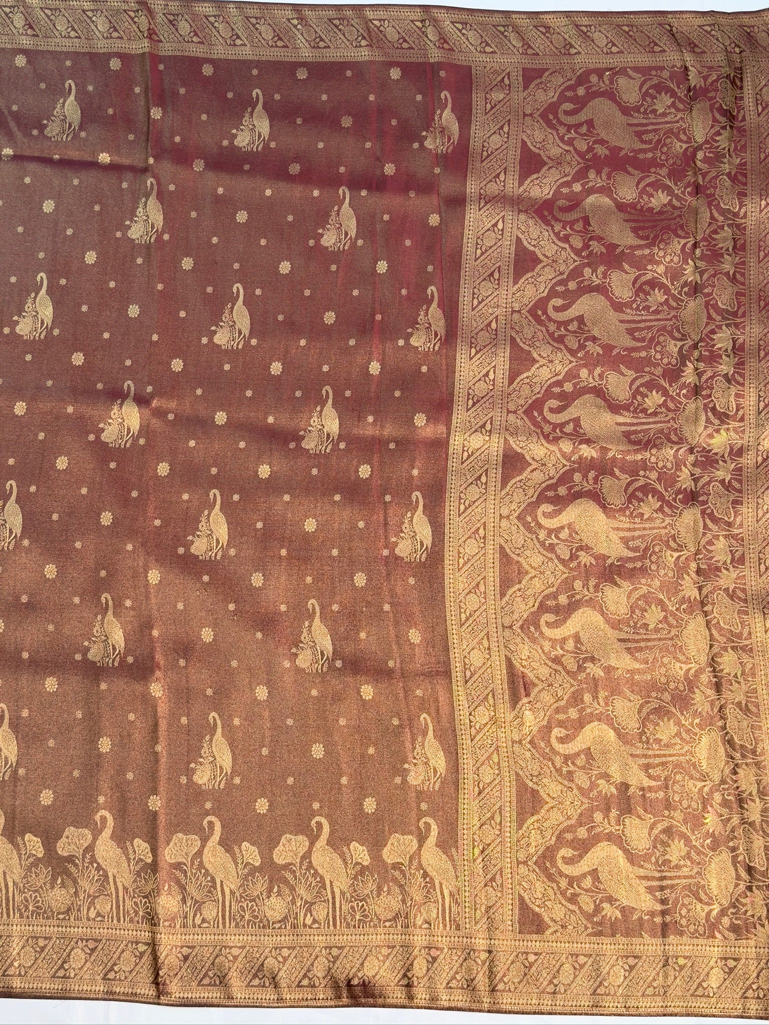 UTSAV BANARAS 443: Rich Brown Soft Tissue Silk Saree with Zari Floral & Peacock Border