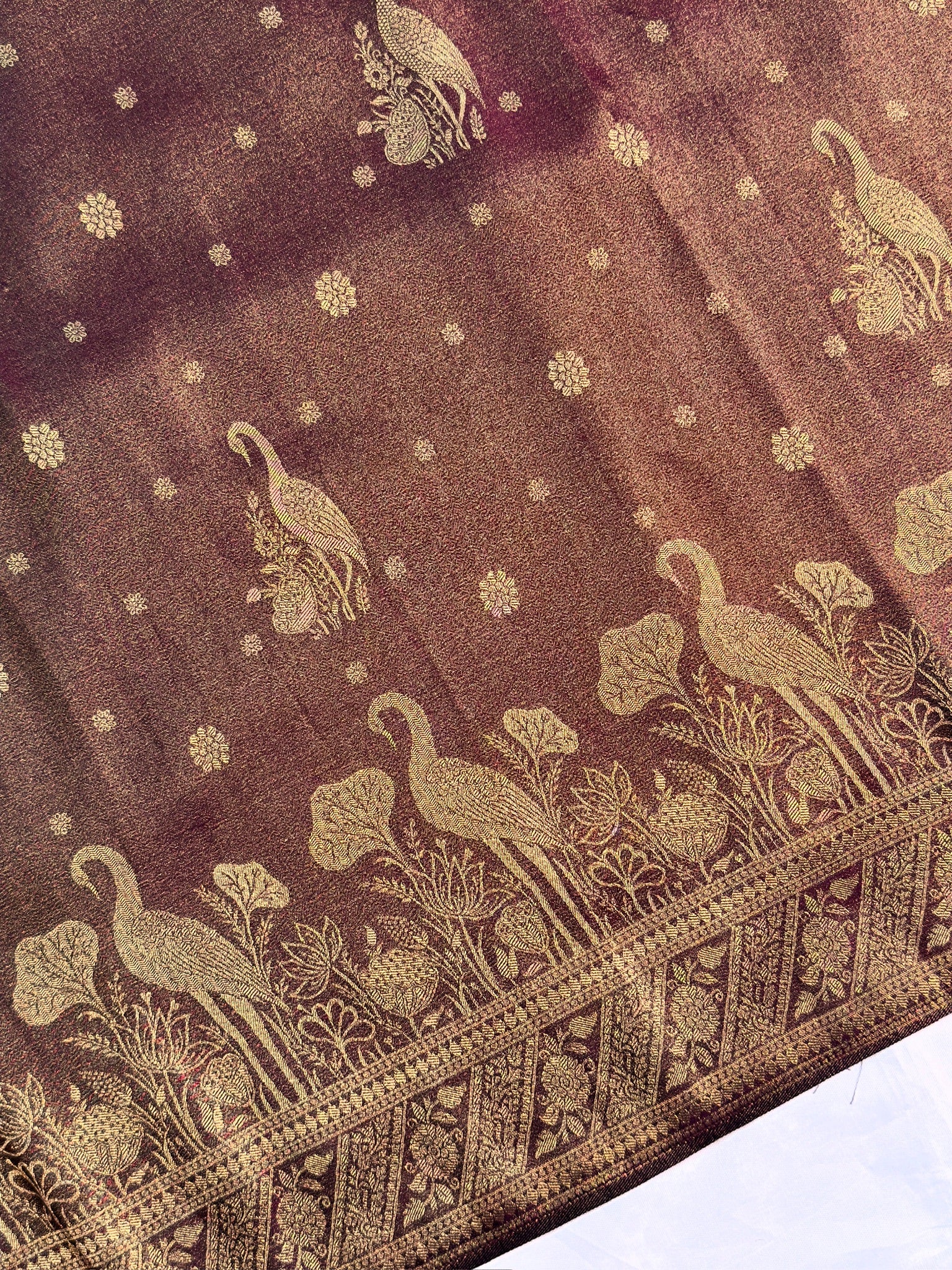 UTSAV BANARAS 443: Rich Brown Soft Tissue Silk Saree with Zari Floral & Peacock Border