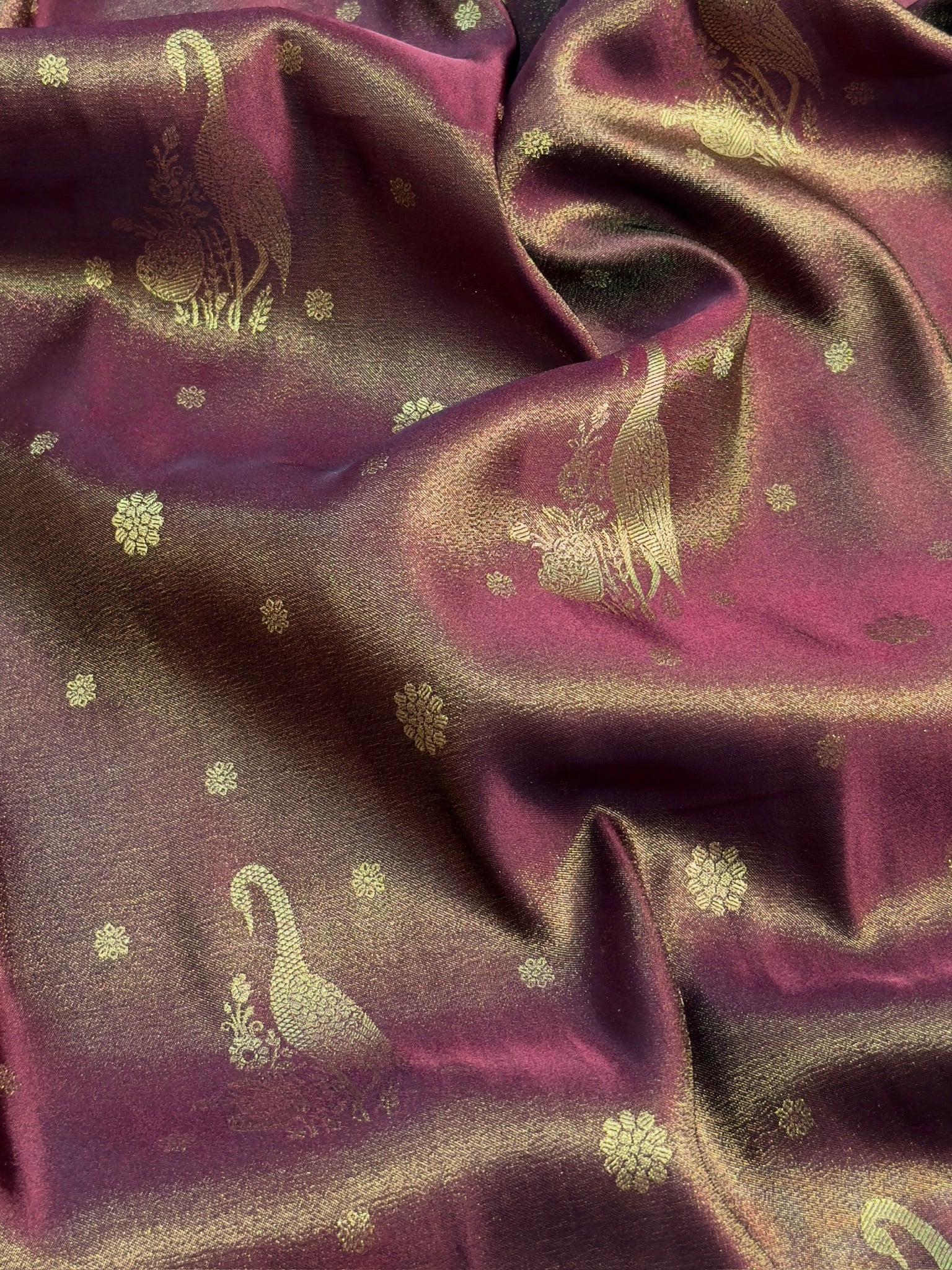 UTSAV BANARAS 443: Rich Brown Soft Tissue Silk Saree with Zari Floral & Peacock Border