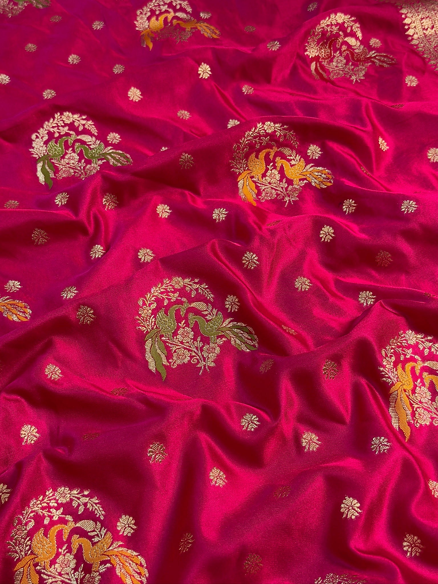 UTSAV BANARAS 422: Dulhan Rani Pink Satin Mashru Valkalam Saree with Meenakari Floral Border & Matching Dupatta