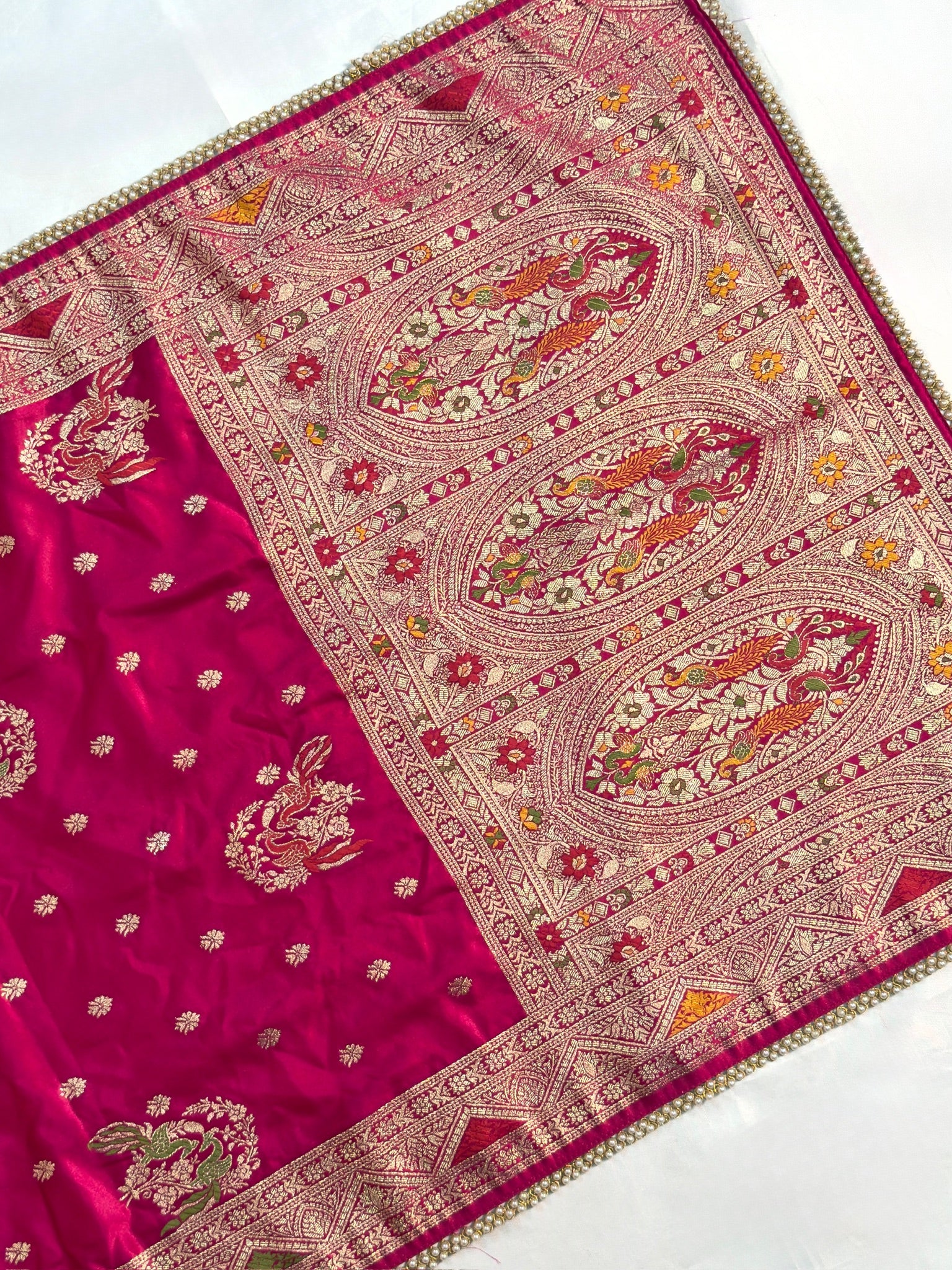 UTSAV BANARAS 422: Dulhan Rani Pink Satin Mashru Valkalam Saree with Meenakari Floral Border & Matching Dupatta