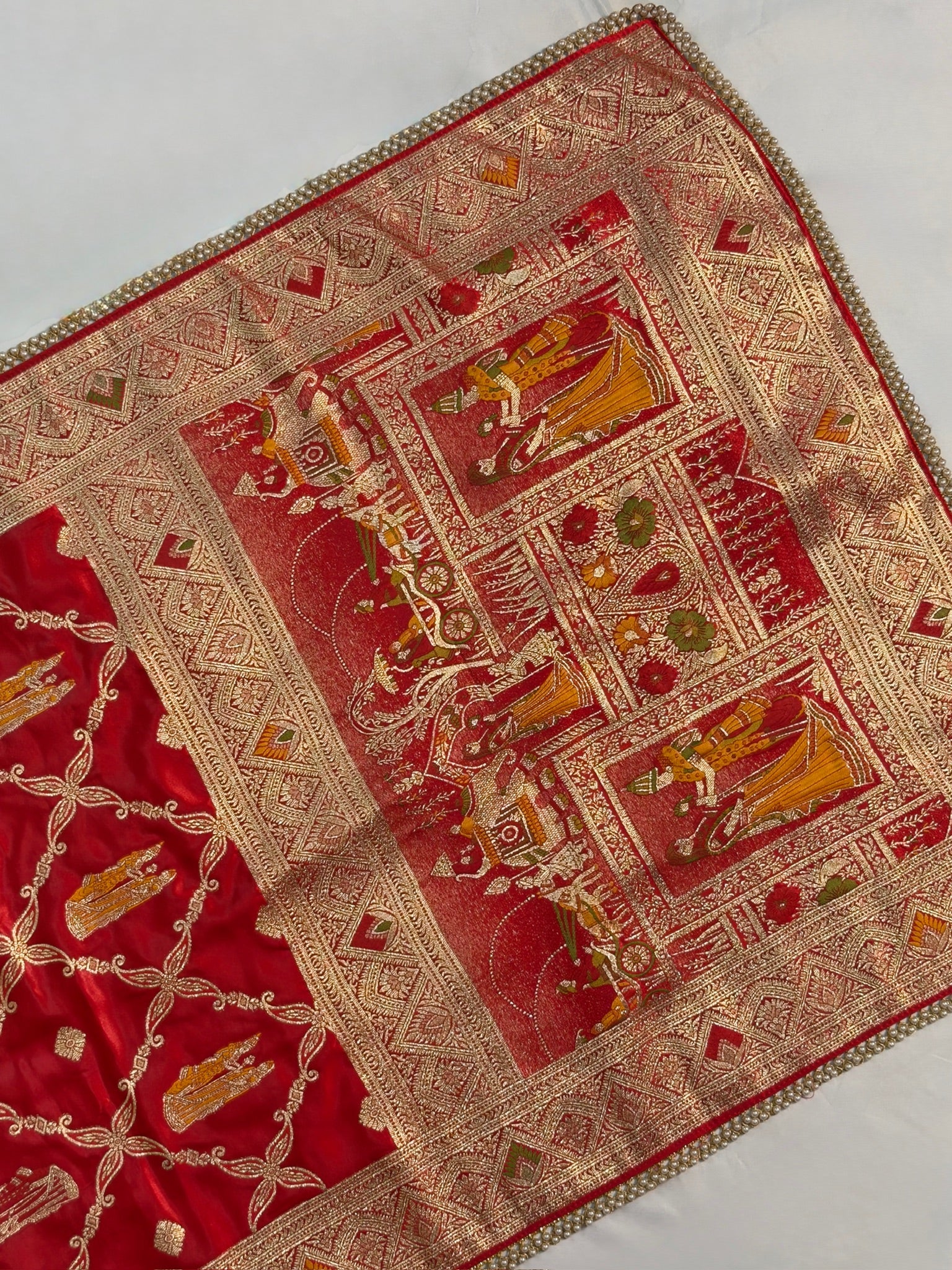 UTSAV BANARAS 420: Dulhan Red Satin Mashru Valkalam Saree with Meenakari Floral Border & Matching Dupatta