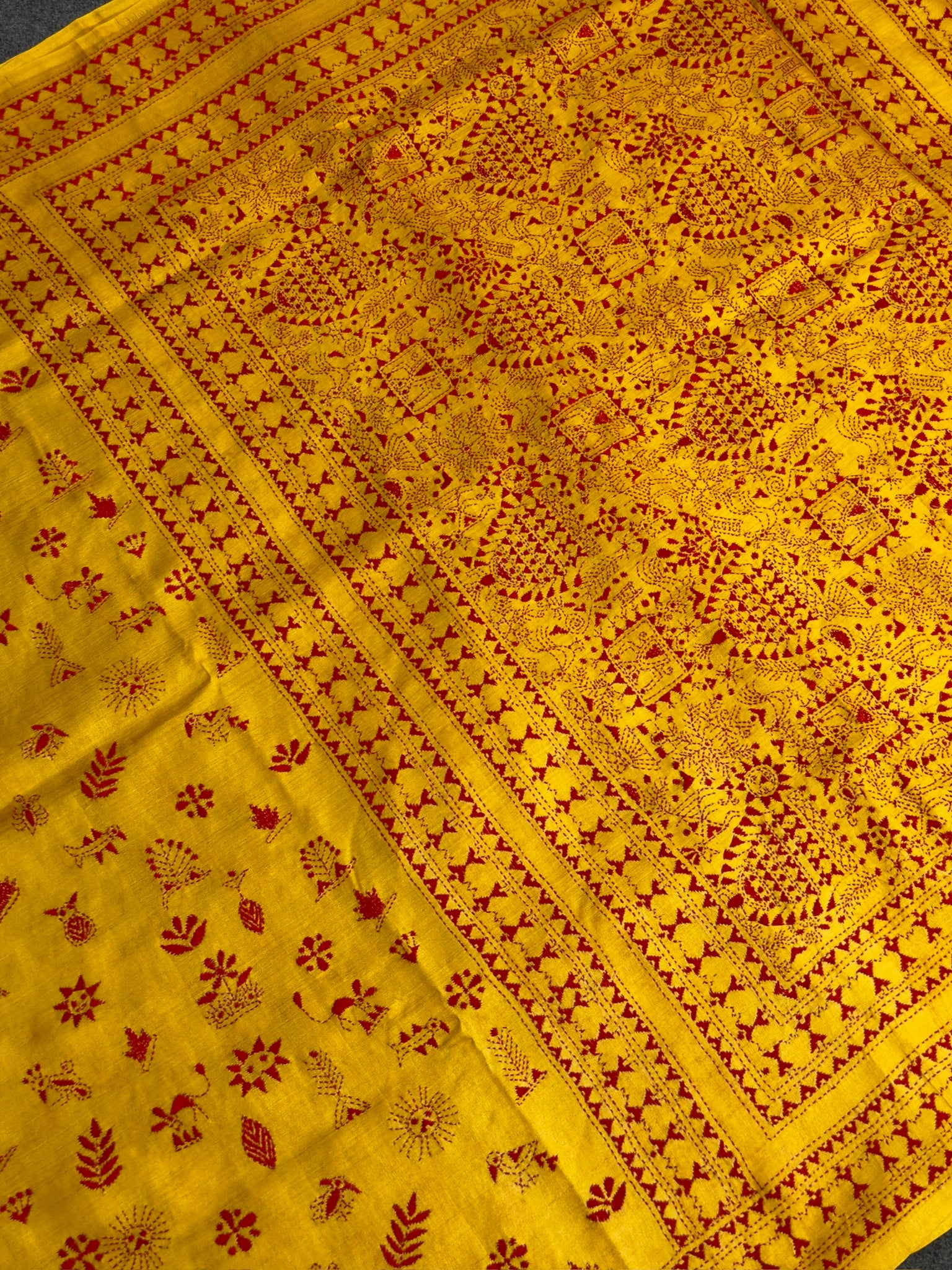 VIRASAT 356: Amber Yellow Pure Tussar Silk Saree with Intricate Cross Stitch Work | Silk Mark Certified