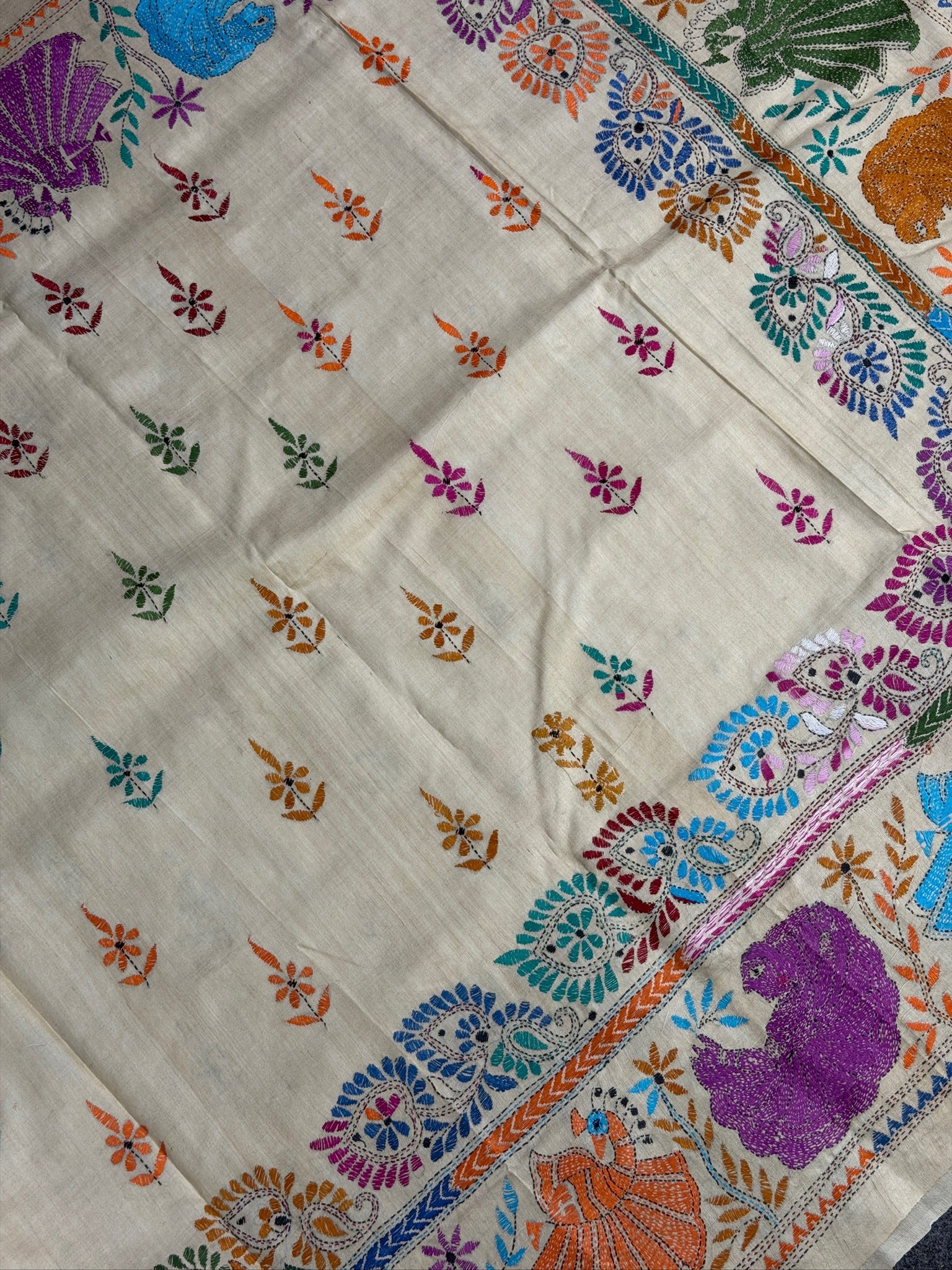 VIRASAT 357: Breezy Beige Pure Tussar Silk Saree with Multicolor Cross Stitch Work | Silk Mark Certified