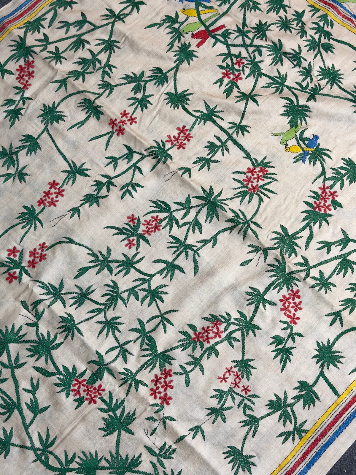 VIRASAT 363: Classic Beige Pure Tussar Silk Saree with Floral Vine Cross Stitch Work | Silk Mark Certified