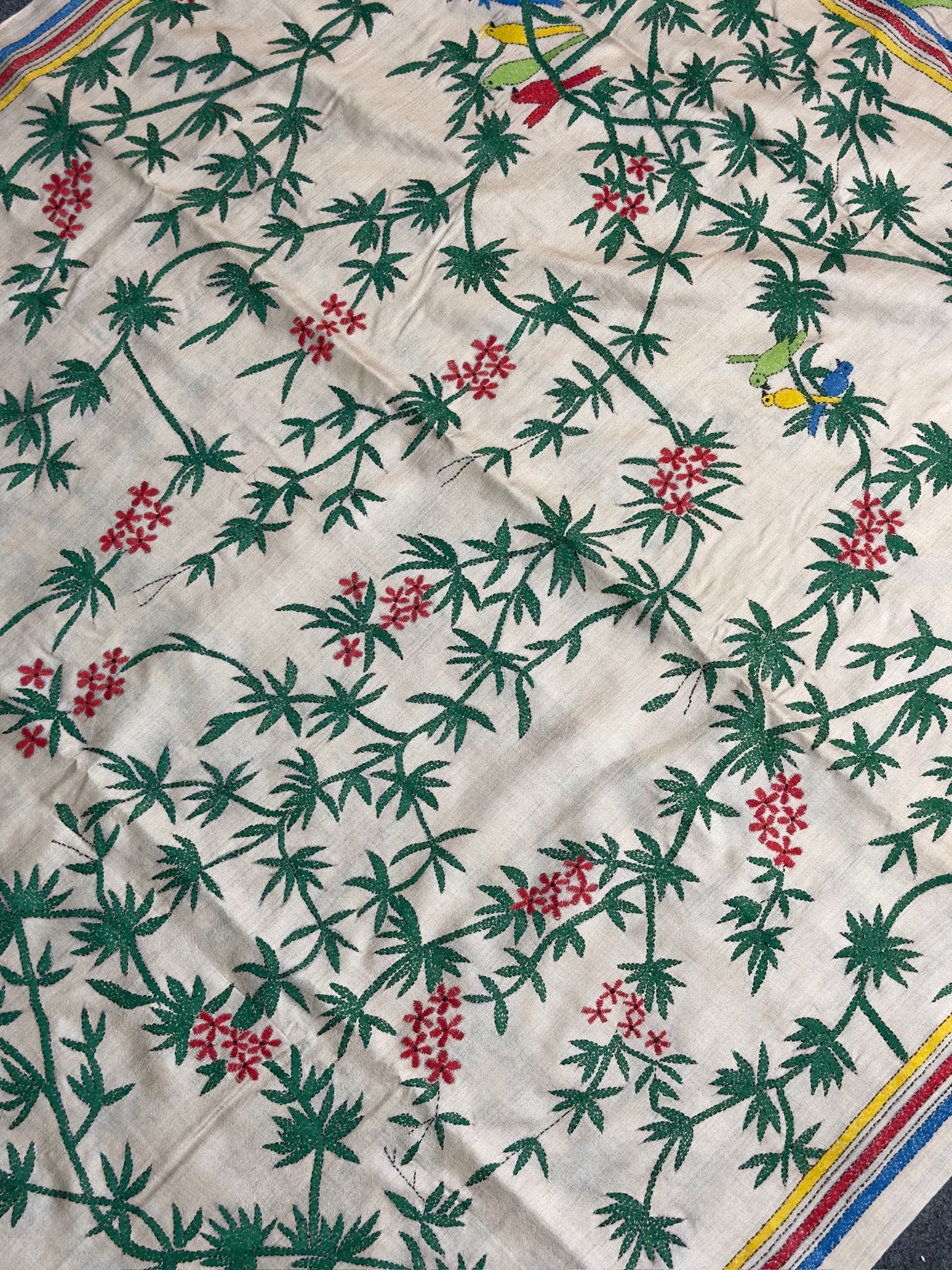 VIRASAT 363: Classic Beige Pure Tussar Silk Saree with Floral Vine Cross Stitch Work | Silk Mark Certified