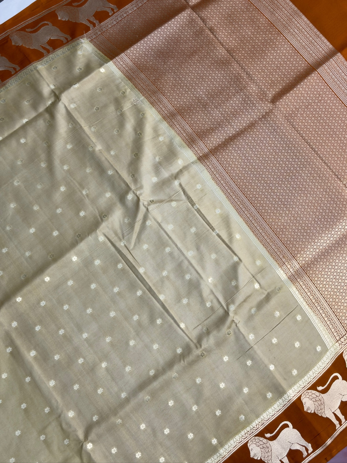 VIRASAT 368: Gold Pure Katan Silk Saree with Zari Lion Motif Border