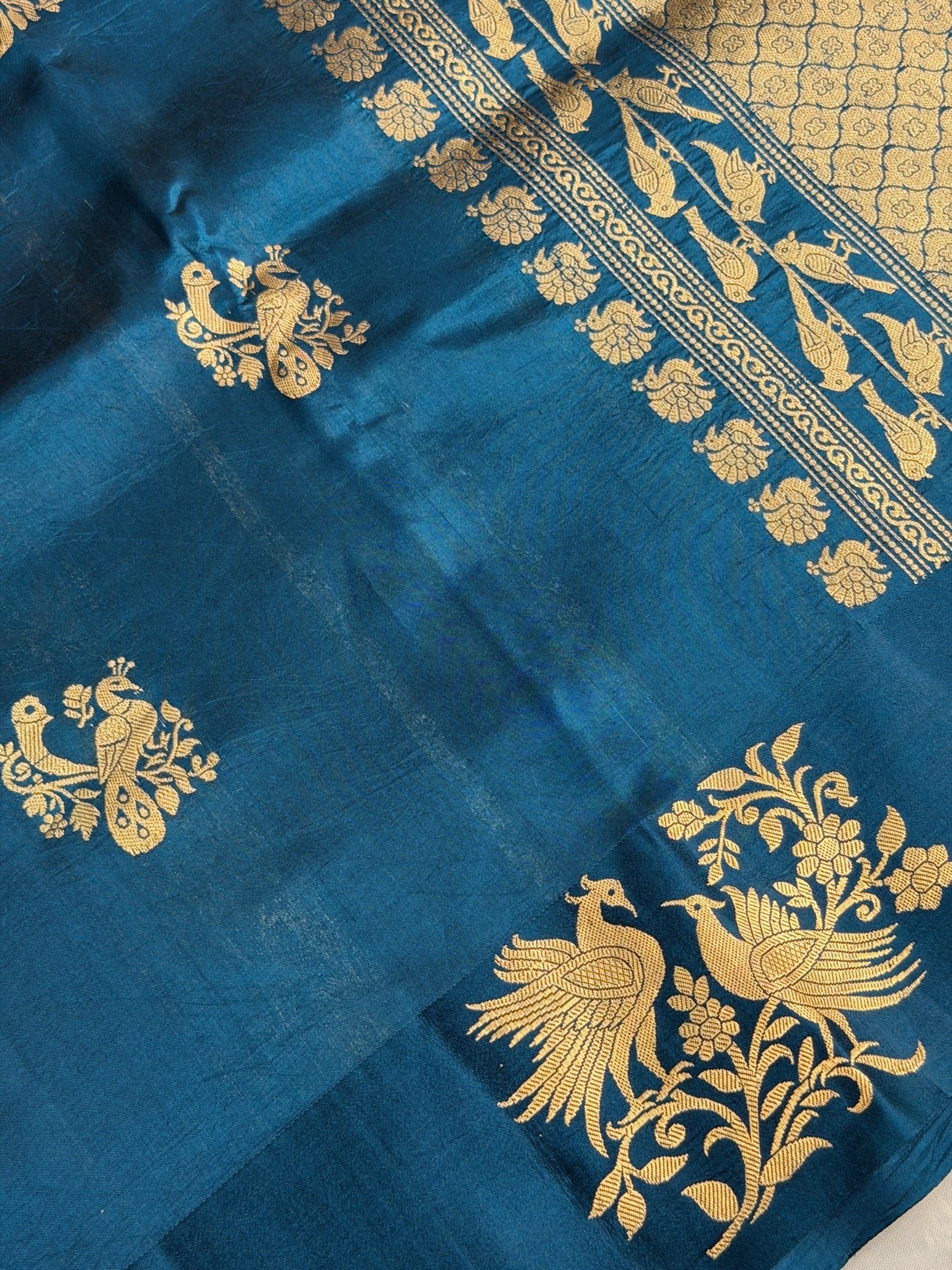 VIRASAT 372: Teal Blue Pure Mashru Silk Saree with Zari Bird Motifs