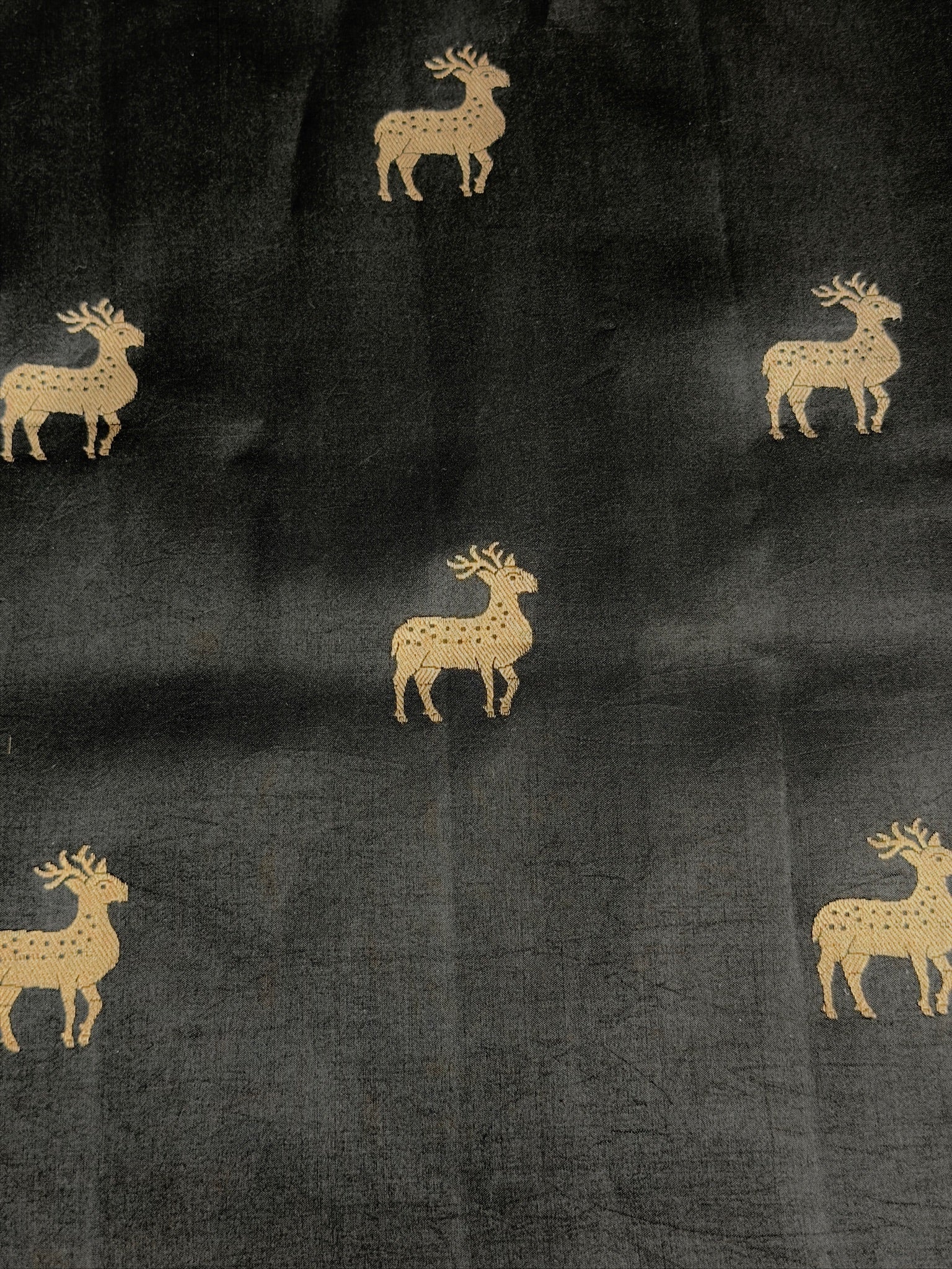 VIRASAT 370: Night Black Pure Mashru Silk Saree with Gold Zari Animal Motifs