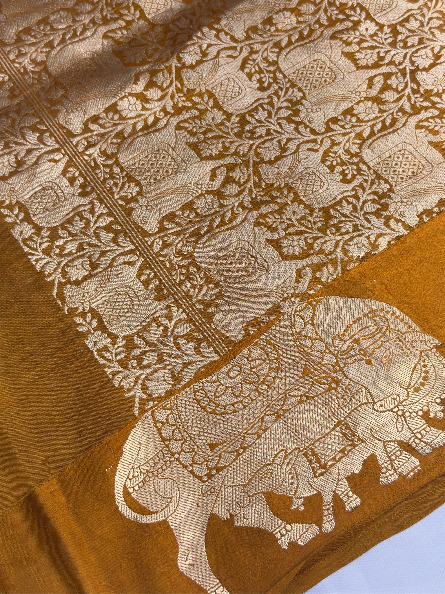 VIRASAT 369: Ochre Yellow Pure Mashru Silk Saree with Zari Animal Motifs
