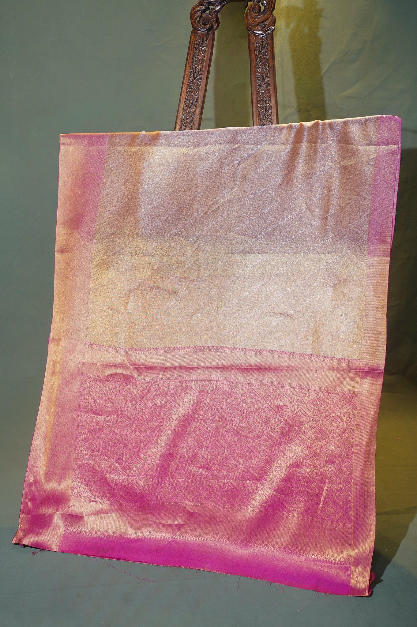 Light Lotus Pink Tissue Silk Saree with Floral Zari Jaal & Broad Gold Border