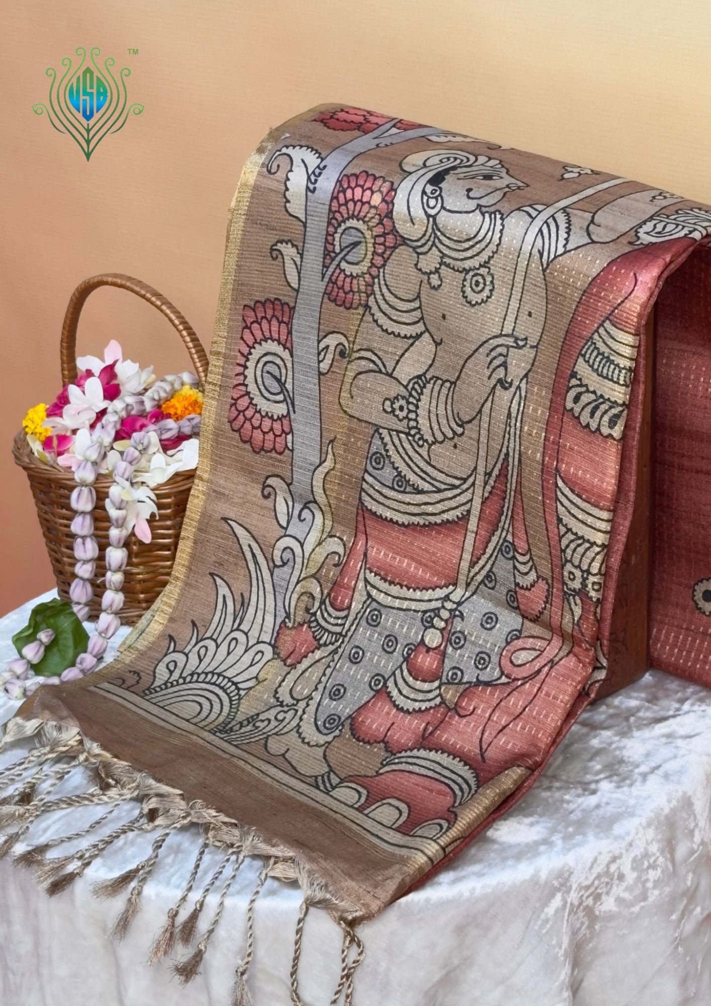 UTSAV BANARAS 390: Dusty Red Tussar Silk Saree with Mythological Kalamkari Print and Royal Elephant Prints Pallu