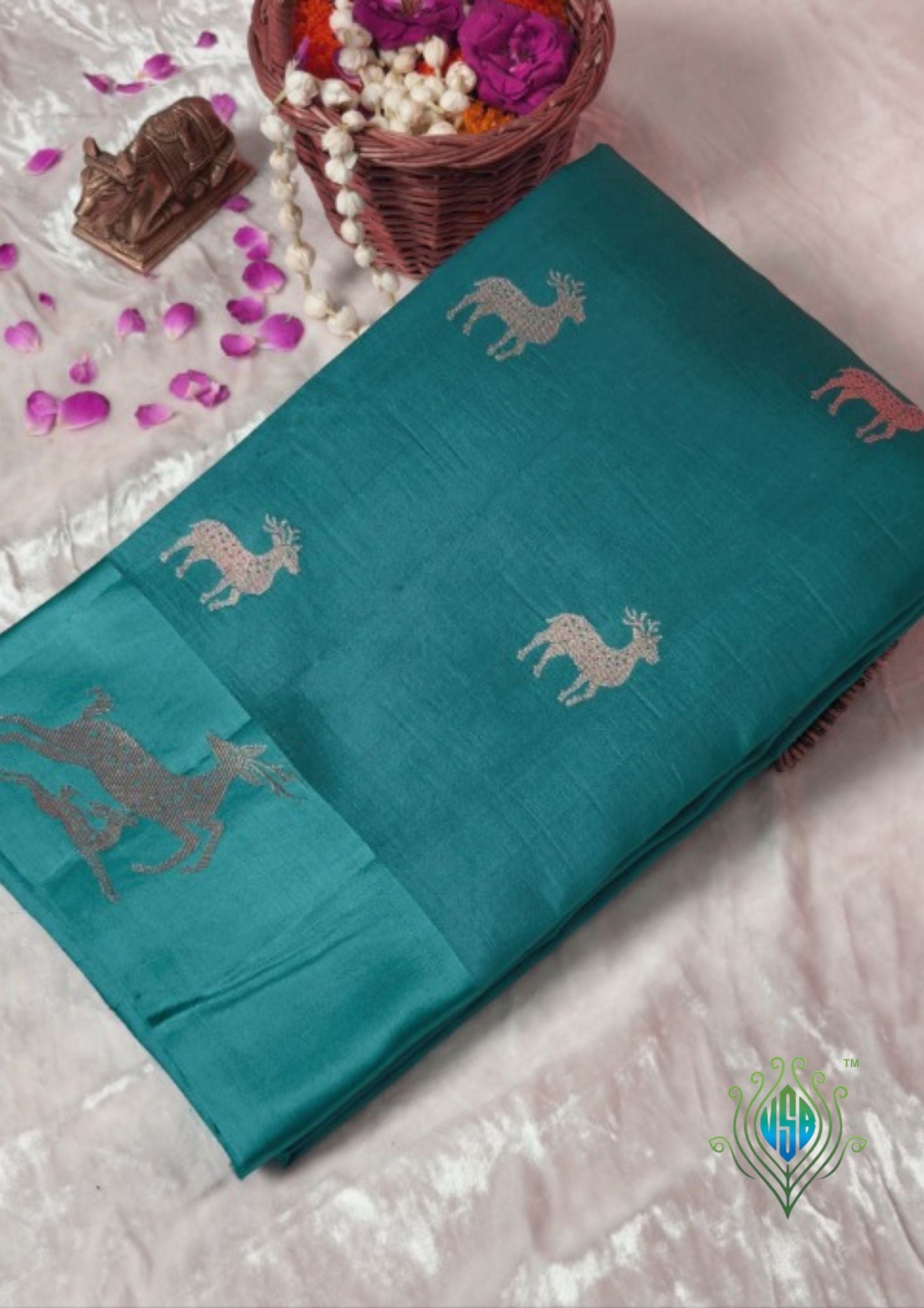 VIRASAT 370: Night Black Pure Mulberry Silk Saree with Gold Zari Animal Motifs