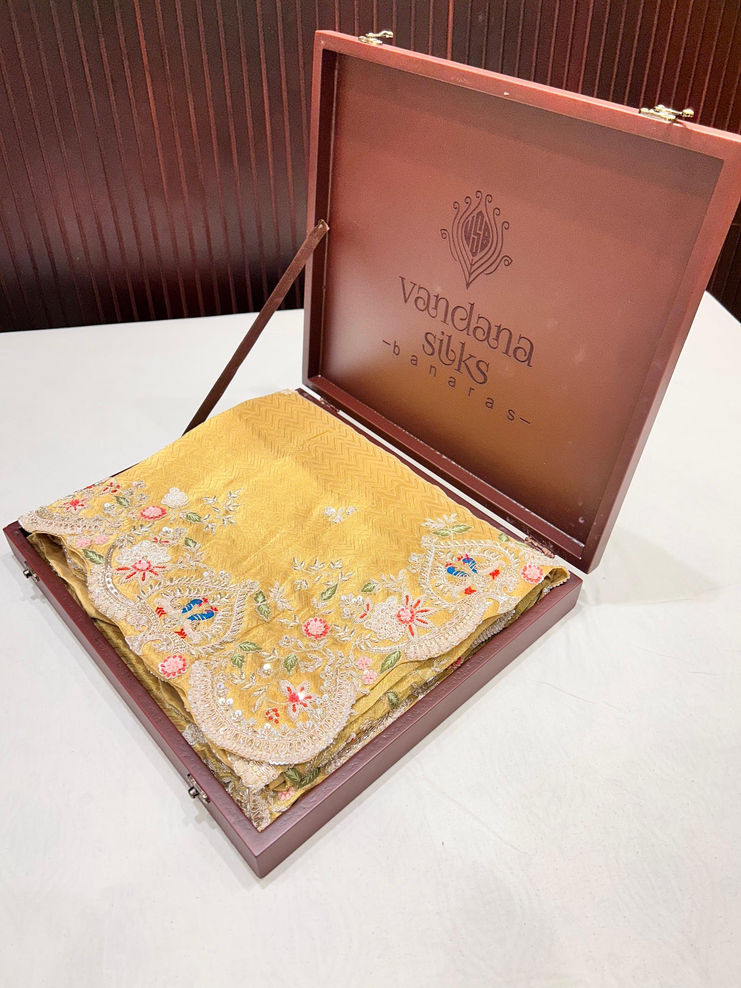 "VIRASAT 151" German Tissue Saree with Gold Foil Print, Nine-Yard Ajmeri Gota & Danka Work