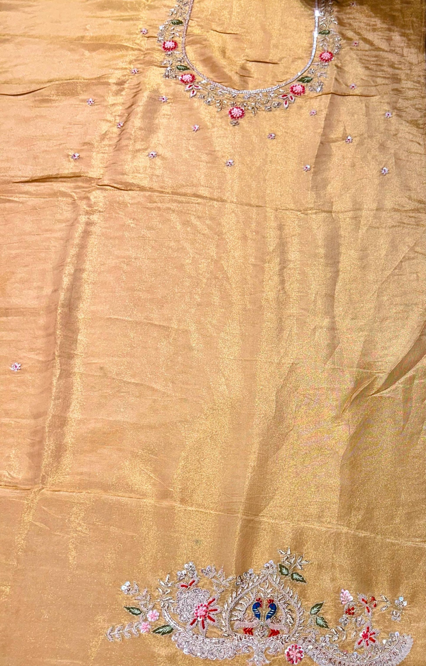 "VIRASAT 151" German Tissue Saree with Gold Foil Print, Nine-Yard Ajmeri Gota & Danka Work
