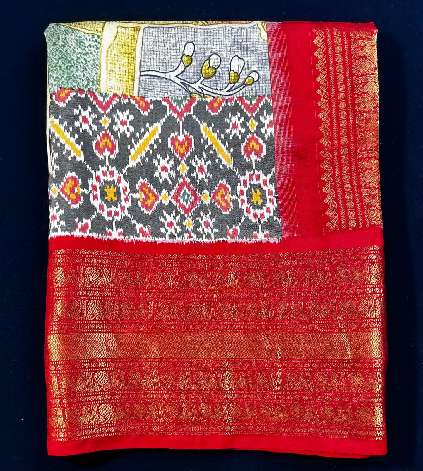 Alamelu Tripura Sundari: Pure Handloom Silk Saree with Kanjivaram, Ikat, and Kalamkari Art