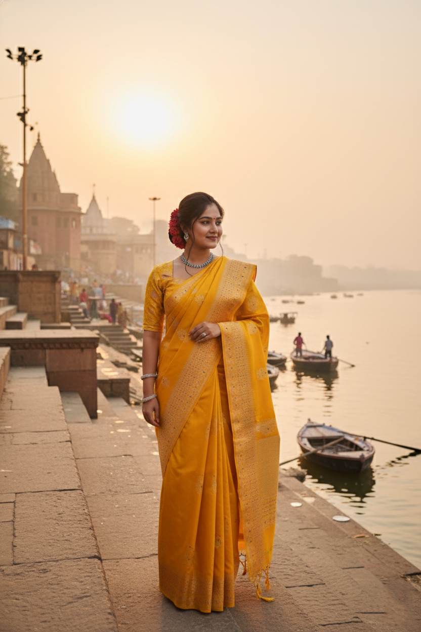 Pure banarasi Handloom Ektara Silk Saree in Sunshine Yellow Color With Kadwa Meenakari Work
