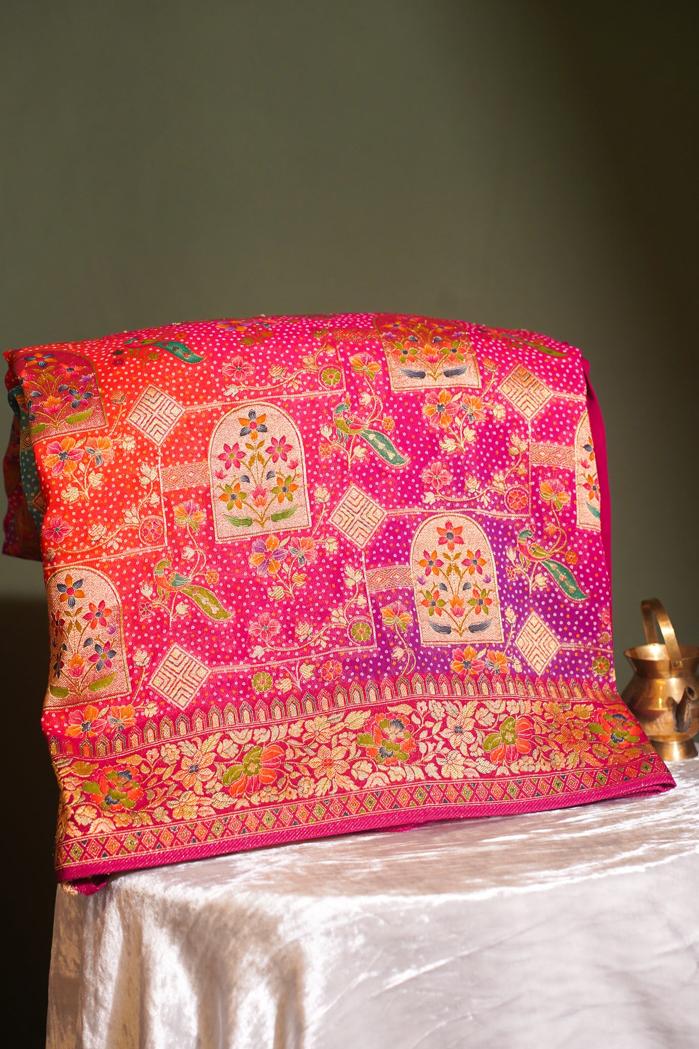 Rani Georgette Silk Saree with Multicolor Meenakari Weave