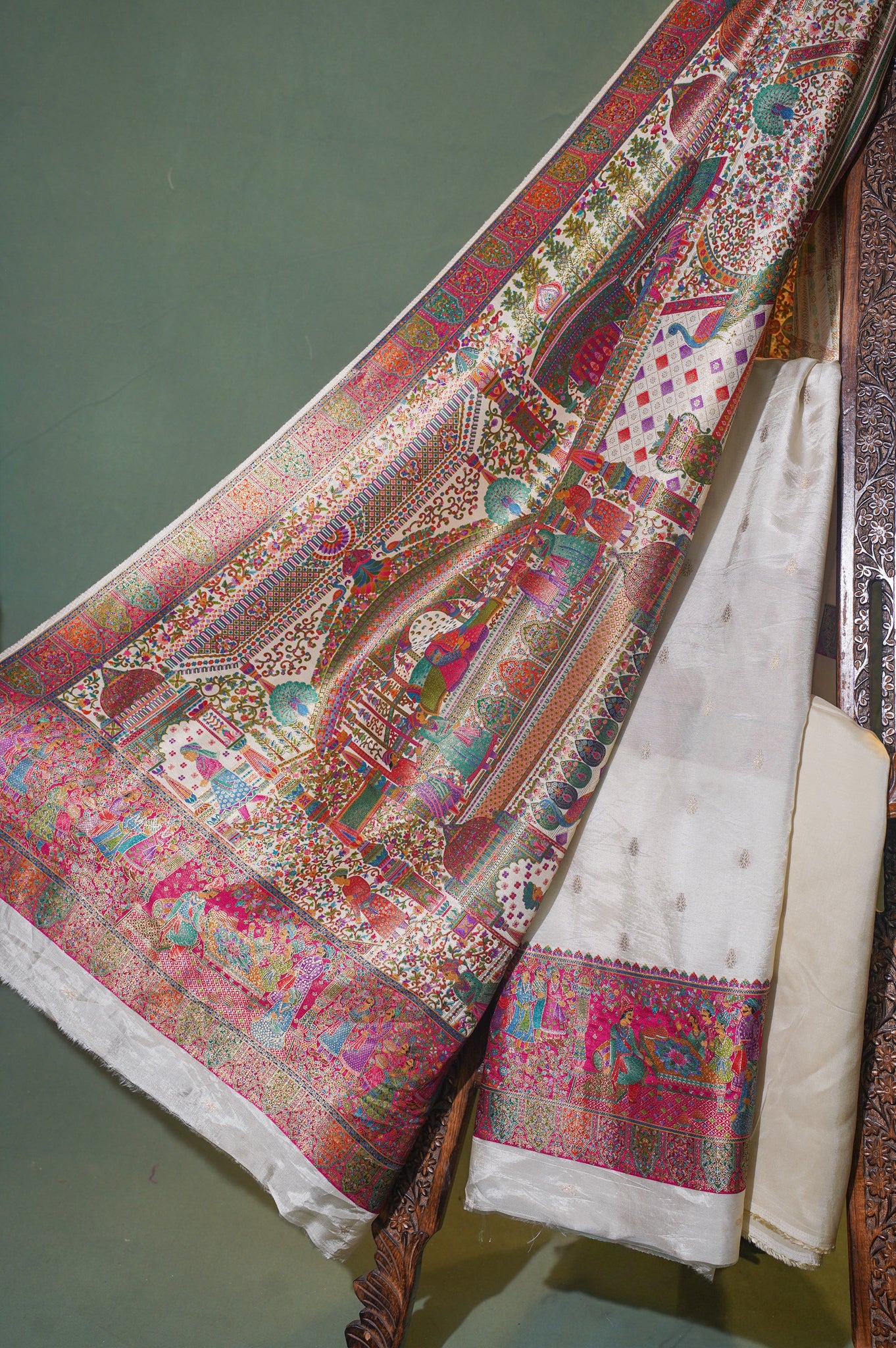 Regal Pearl White Figure Meenakari Brocade Silk Suit Set