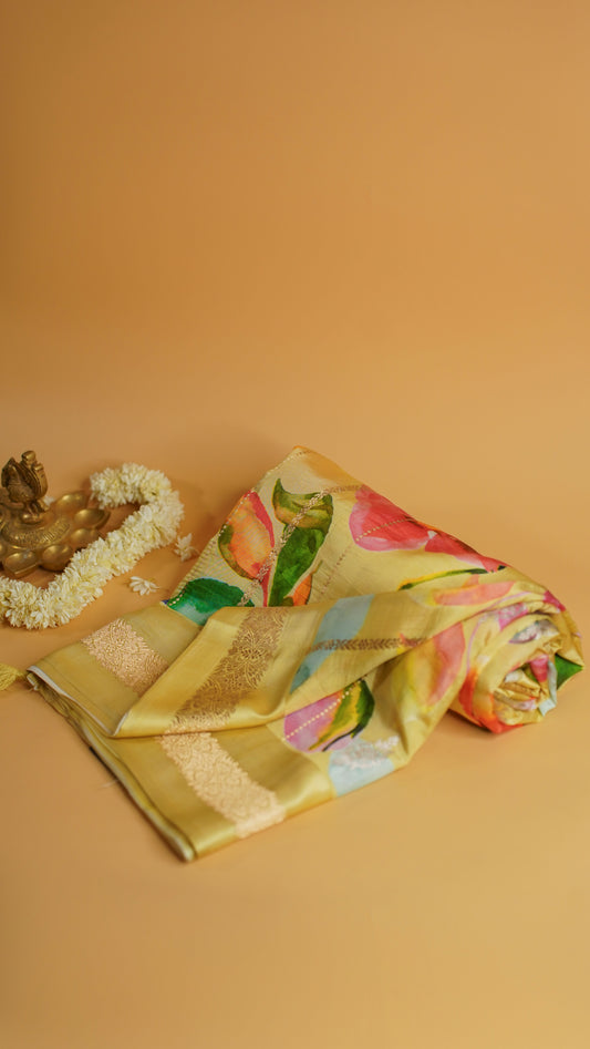 Rangrasiya "Pure Mango Raw Silk With Pure Zari Kadwa Work In Vibrant Color Fusion"