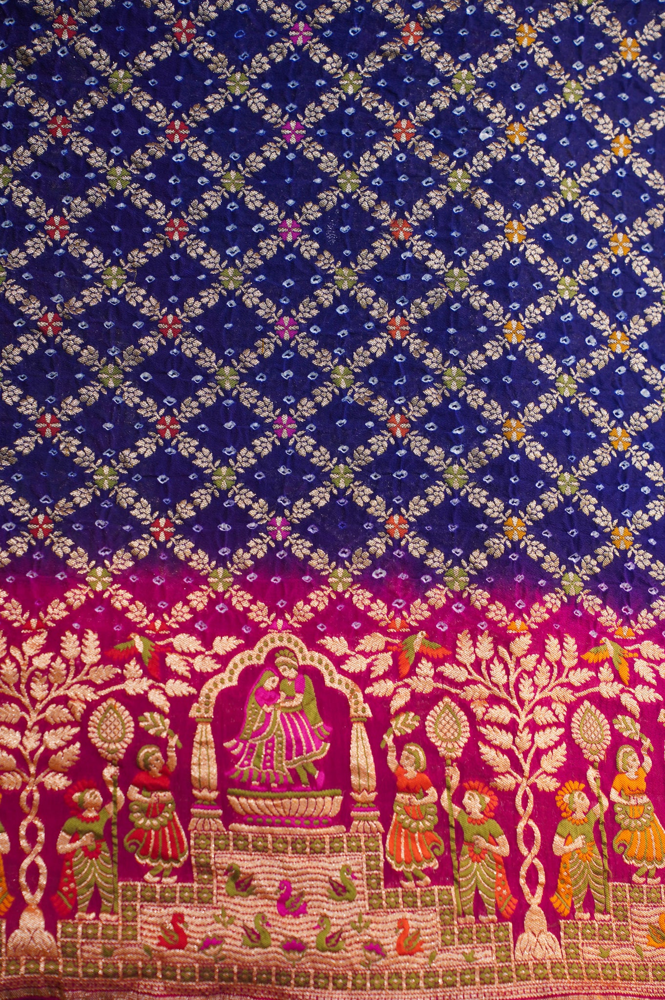 VIRASAT 346: Elegant shade of Navy & Rani Pure Banarasi Georgette Silk Bandhani Saree With Meenakari Work on Border