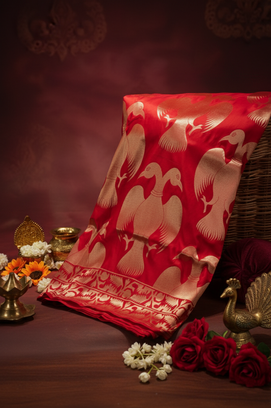 "Virasart 248" Banarasi Red Pure Katan Uppada Silk Saree With Double-Headed Eagle Motif