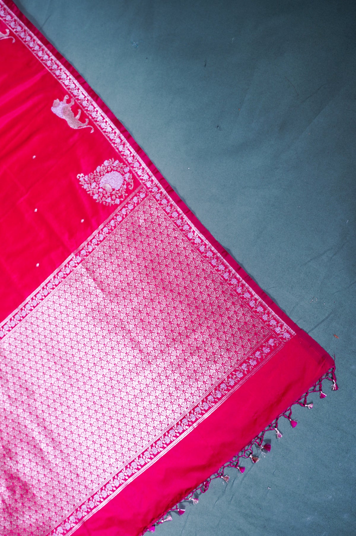 "WAAH BANARAS 111" Banarasi Red Mango Raw Silk Saree With Silver Zari Lion Motifs