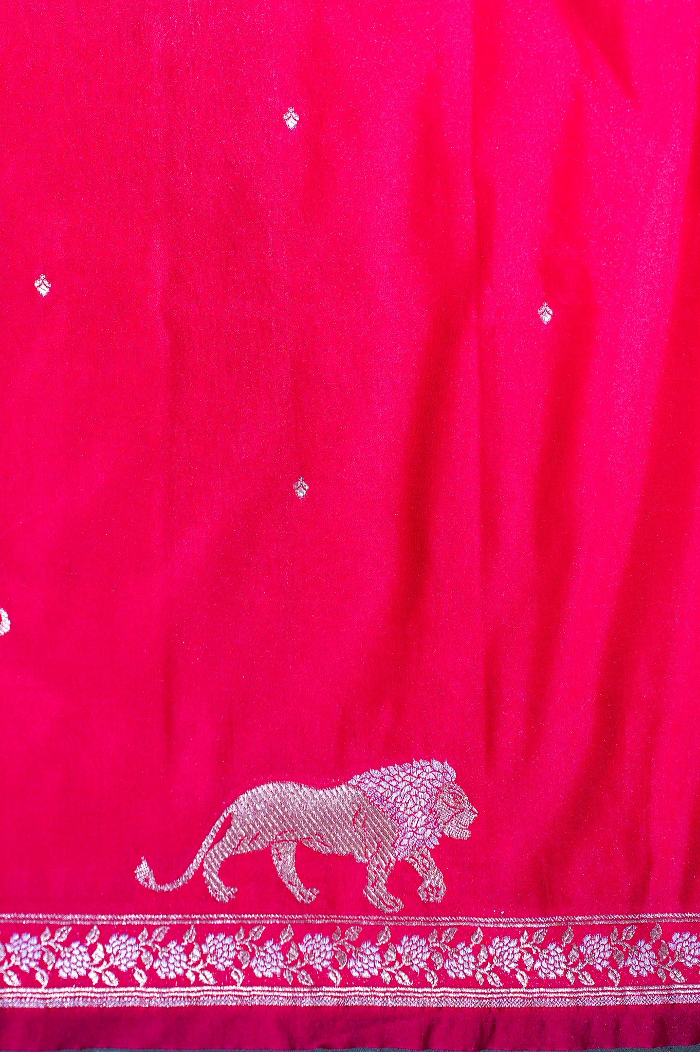 "WAAH BANARAS 111" Banarasi Red Mango Raw Silk Saree With Silver Zari Lion Motifs