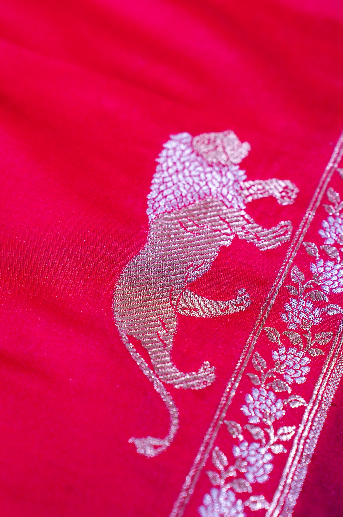 "WAAH BANARAS 111" Banarasi Red Mango Raw Silk Saree With Silver Zari Lion Motifs