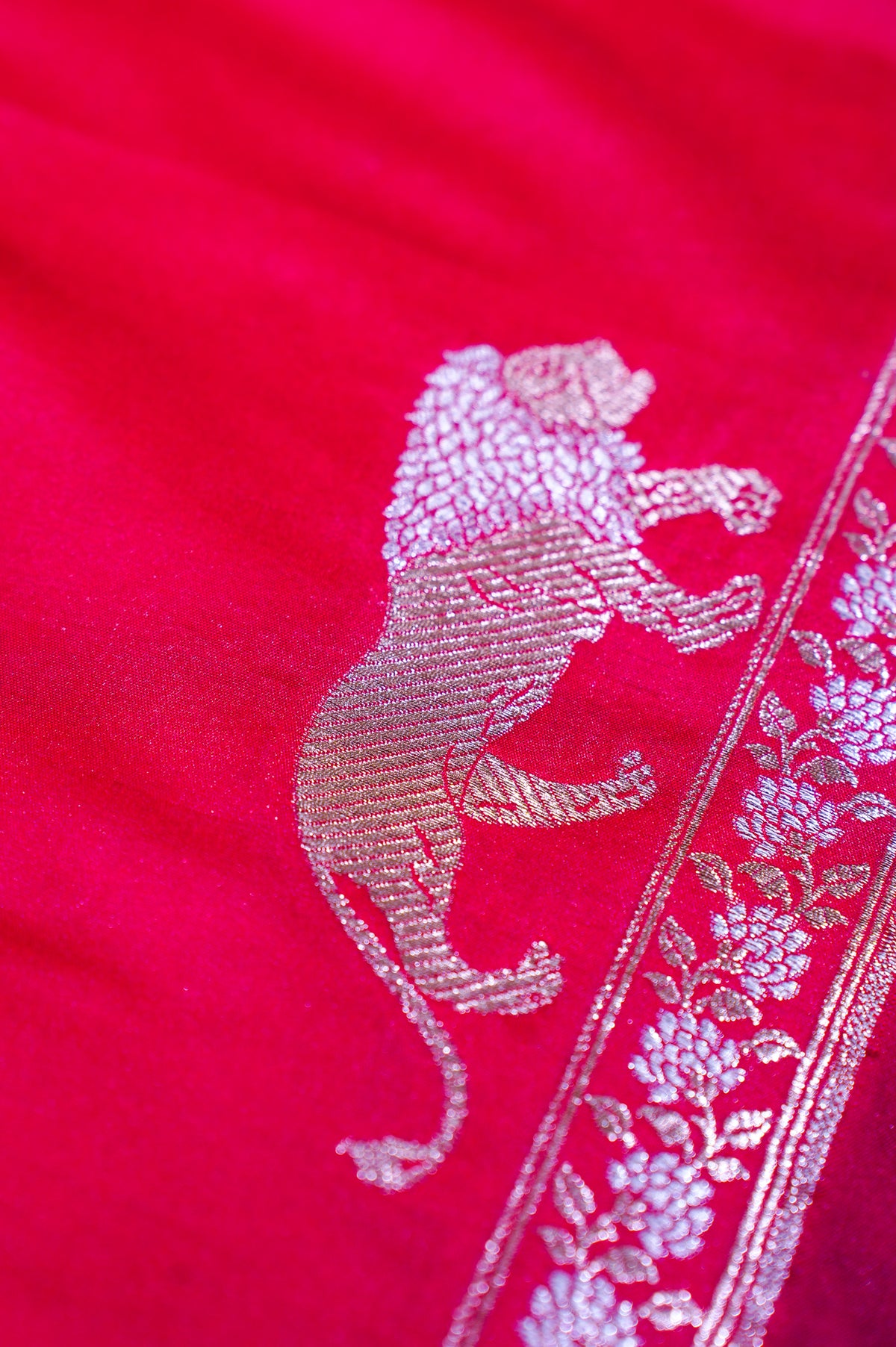 "WAAH BANARAS 111" Banarasi Red Mango Raw Silk Saree With Silver Zari Lion Motifs