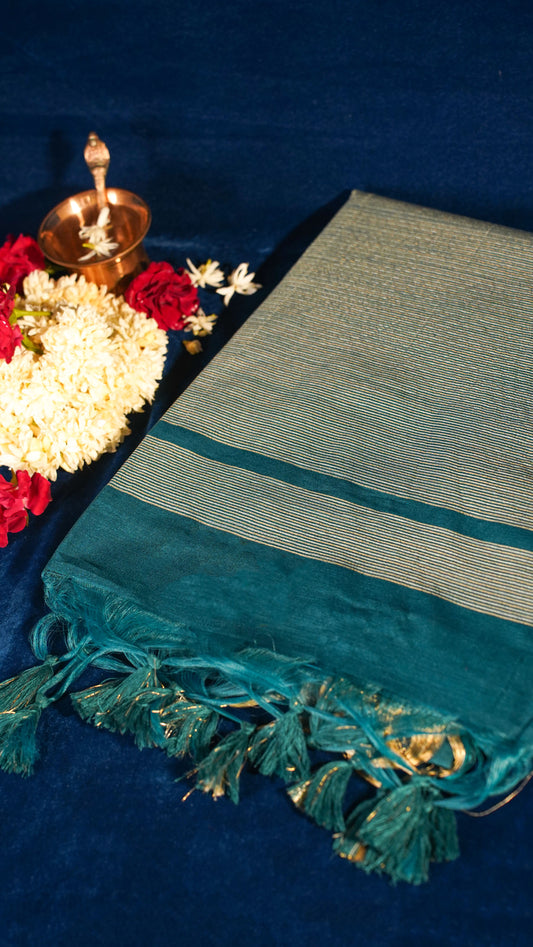 "UTSAV BANARAS 121" Banarasi Dark Teal Raw Chanderi Buti Silk Saree